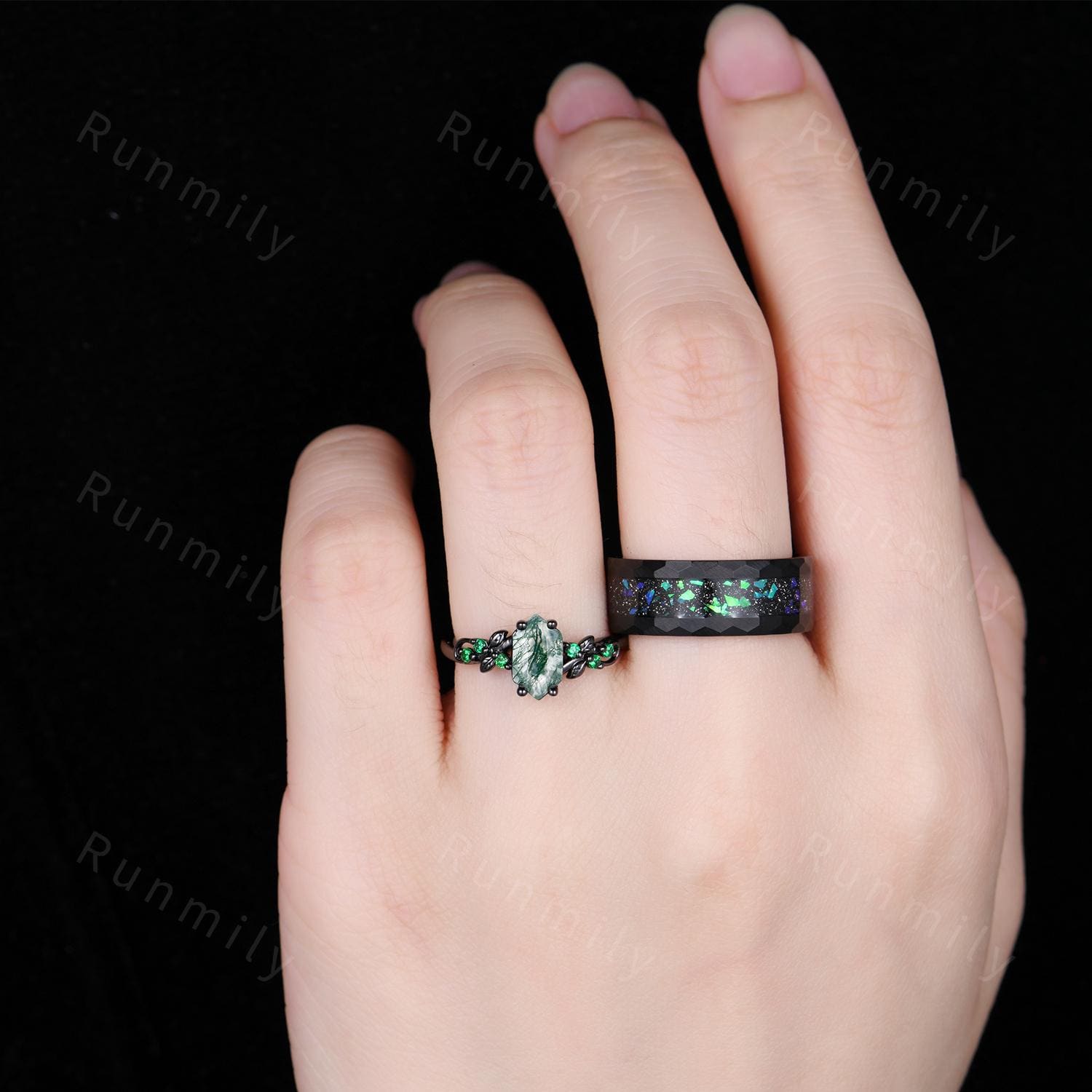 Retro Moss Agate Couple Ring Set Gothic Black Gold Rings His And Hers Wedding Band Unique Green Agate Ring Mens Hammered Ring Promise Rings