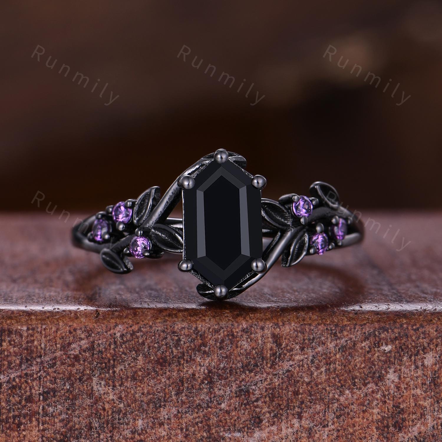 Black Onyx and Amethyst Couple Ring Set Gothic Black Gold Rings His and Hers Wedding Band Men's Tungsten Ring Branch Leaf Ring Purple Ring