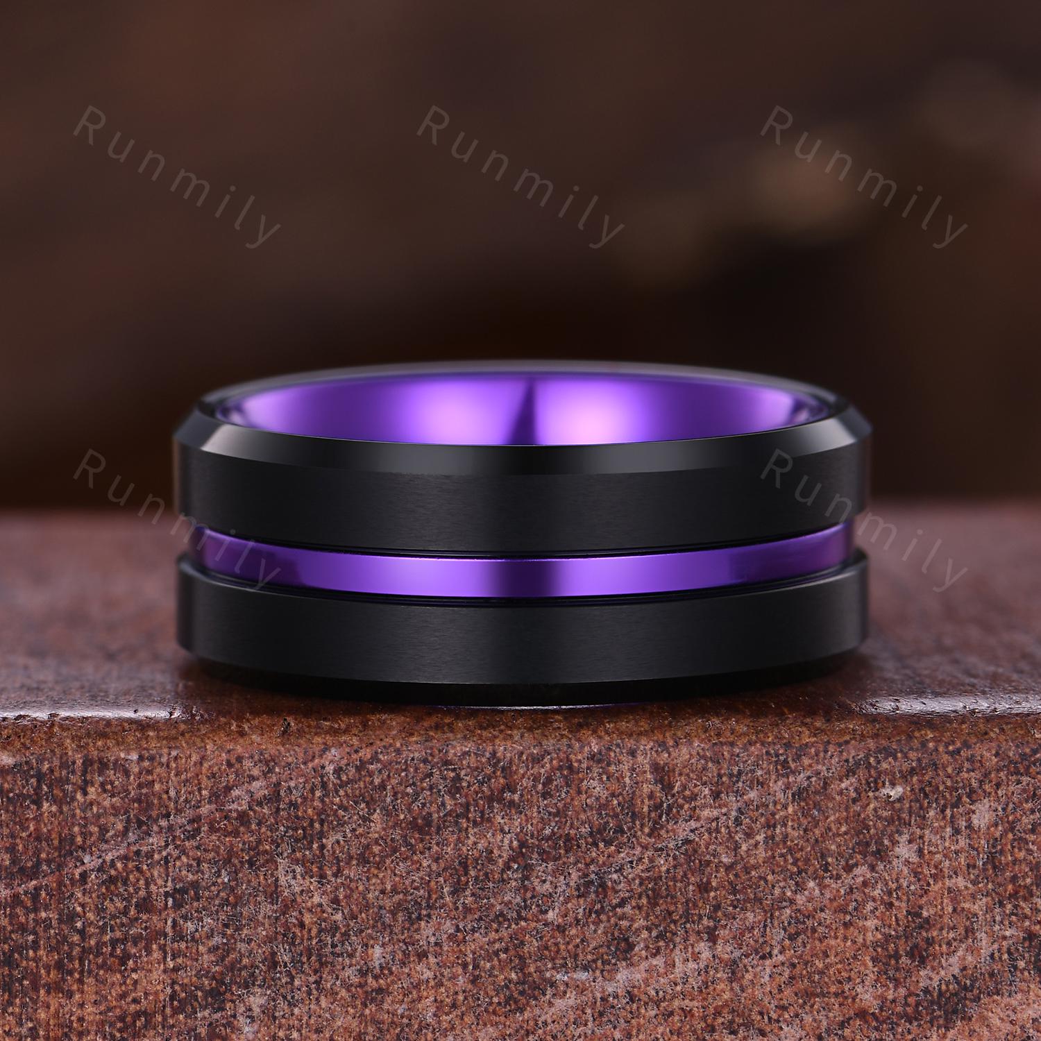 Black Onyx and Amethyst Couple Ring Set Gothic Black Gold Rings His and Hers Wedding Band Men's Tungsten Ring Branch Leaf Ring Purple Ring