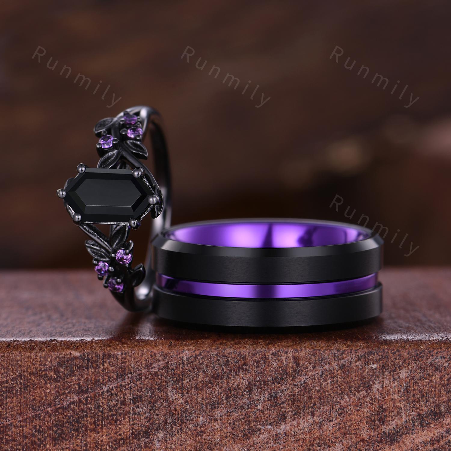 Black Onyx and Amethyst Couple Ring Set Gothic Black Gold Rings His and Hers Wedding Band Men's Tungsten Ring Branch Leaf Ring Purple Ring