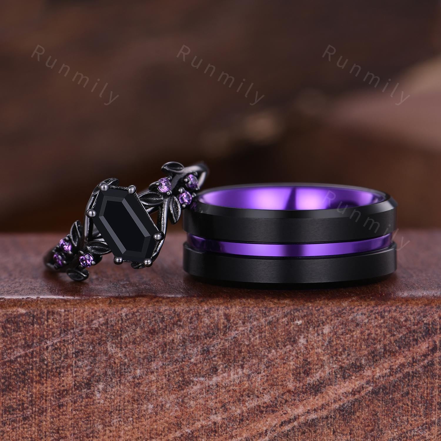 Black Onyx and Amethyst Couple Ring Set Gothic Black Gold Rings His and Hers Wedding Band Men's Tungsten Ring Branch Leaf Ring Purple Ring