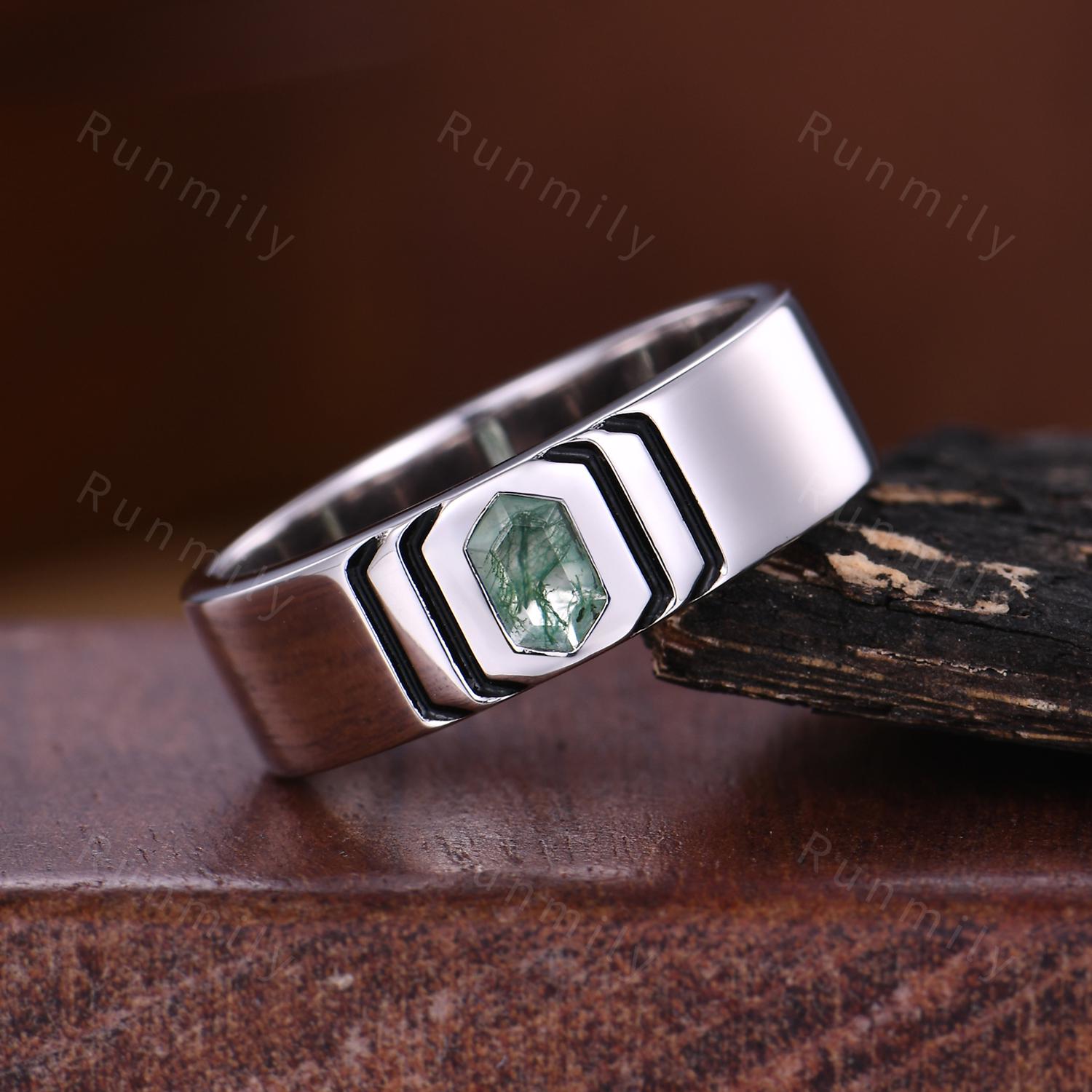 Hexagon cut Moss Agate Wedding Band Mens Wedding Band 6mm Green Agate Men's Ring Unique Mens Engagement Ring Band Retro Vintage Ring