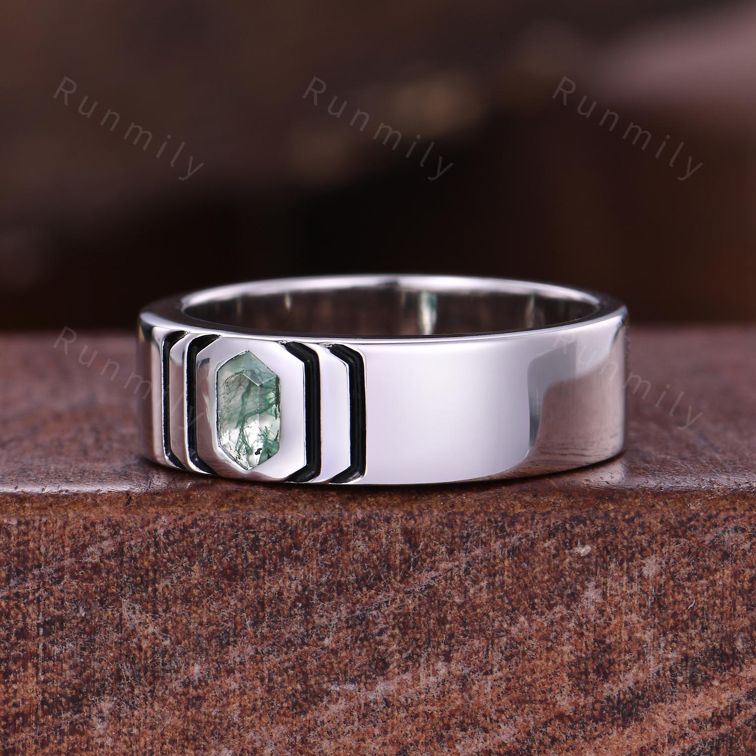 Hexagon cut Moss Agate Wedding Band Mens Wedding Band 6mm Green Agate Men's Ring Unique Mens Engagement Ring Band Retro Vintage Ring