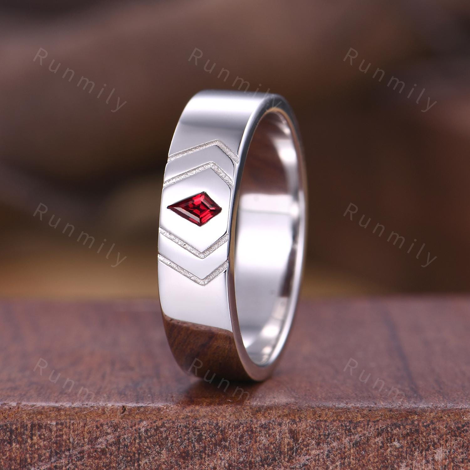 Kite cut Garnet Wedding Band Mens Wedding Band 5mm Red Garnet Men's Ring Unique Mens Engagement Ring Band Retro Vintage Ring For Husband