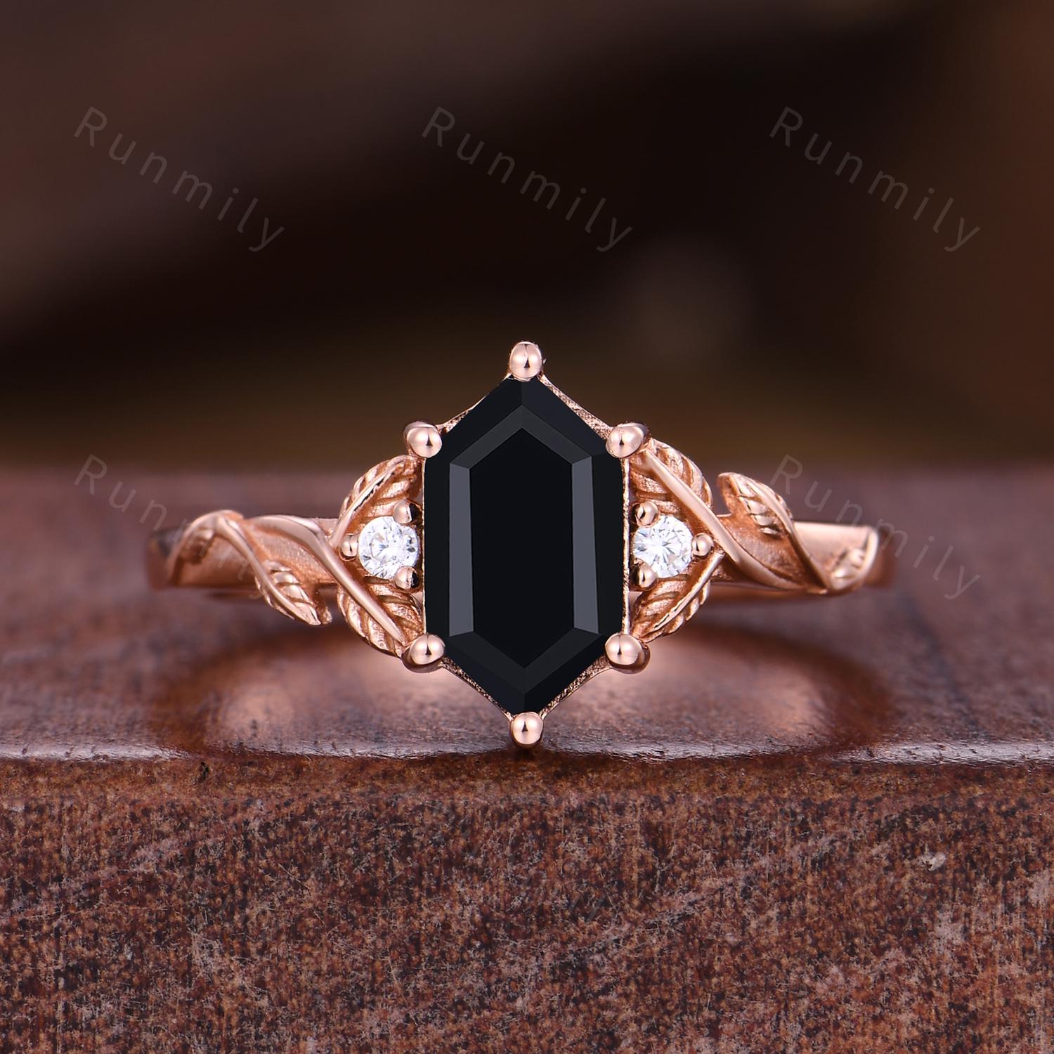Nature Inspired Black Onyx Engagement ring set Vintage curved stacking wedding band Rose gold leaf style Bridal set Anniversary ring gifts