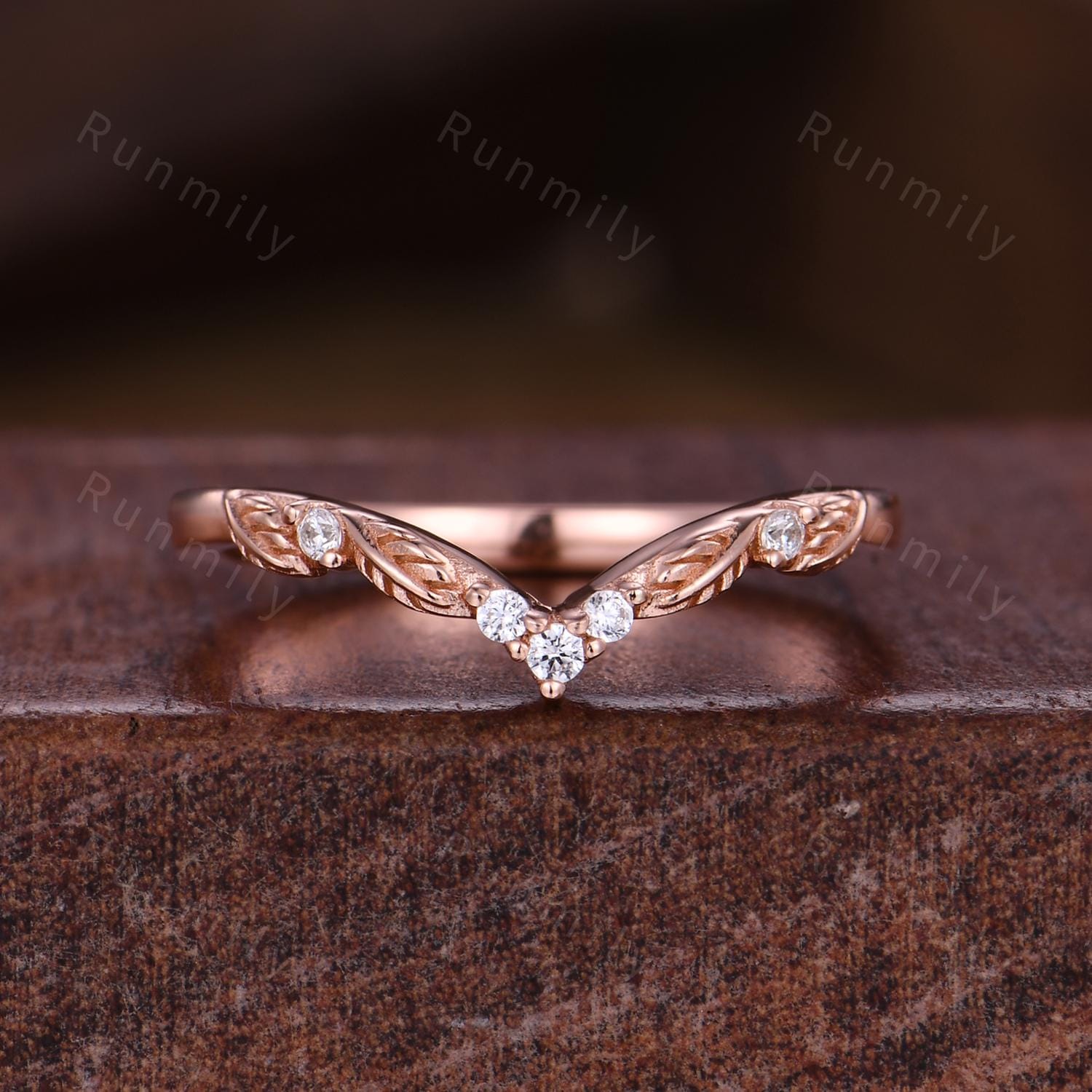 Nature Inspired Black Onyx Engagement ring set Vintage curved stacking wedding band Rose gold leaf style Bridal set Anniversary ring gifts