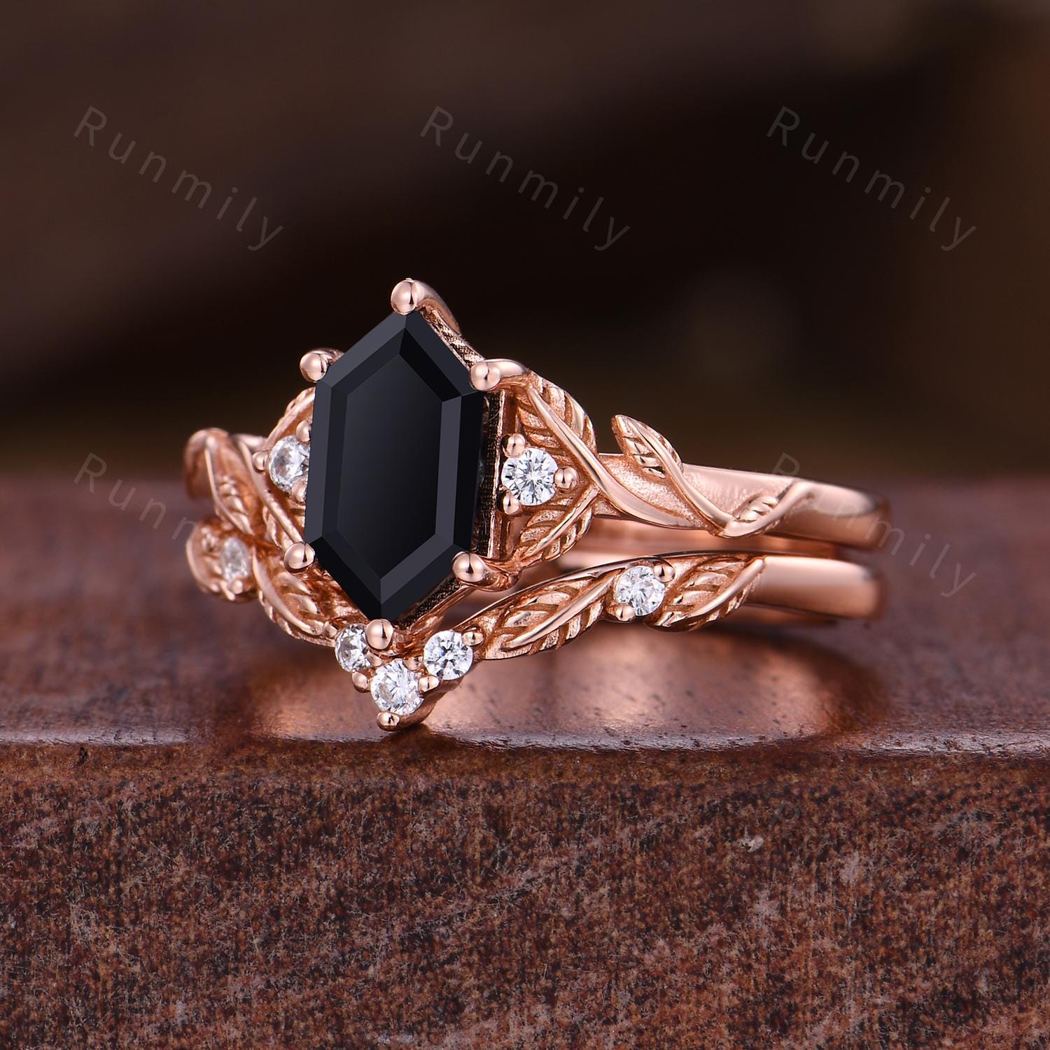 Nature Inspired Black Onyx Engagement ring set Vintage curved stacking wedding band Rose gold leaf style Bridal set Anniversary ring gifts