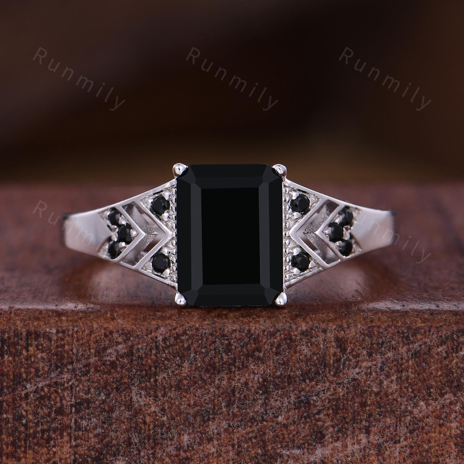 Emerald cut Black Onyx Couples Ring Set Antique His and Hers Wedding Band Mens Black Tungsten Ring Natural Black Gemstone Anniversary Rings