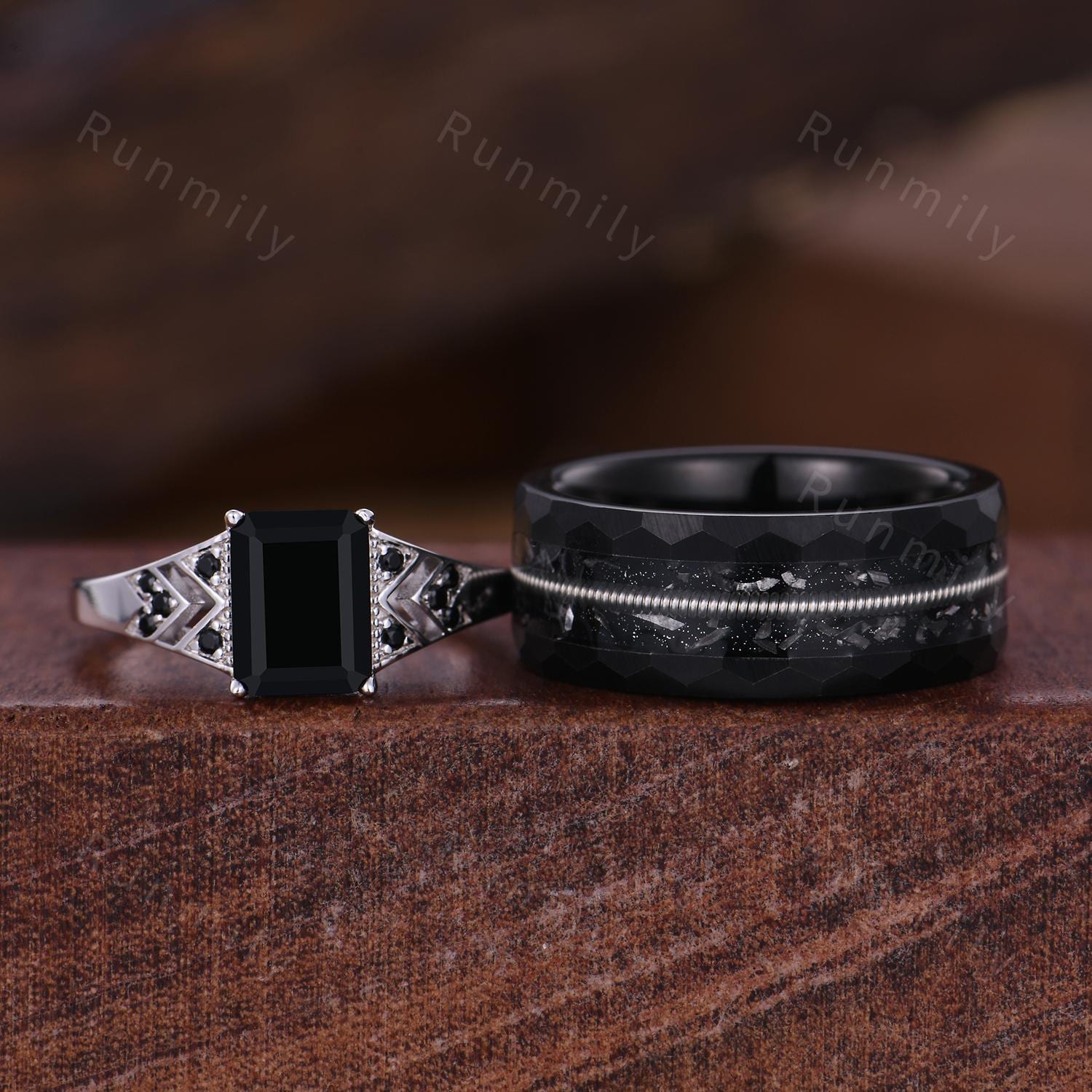 Emerald cut Black Onyx Couples Ring Set Antique His and Hers Wedding Band Mens Black Tungsten Ring Natural Black Gemstone Anniversary Rings