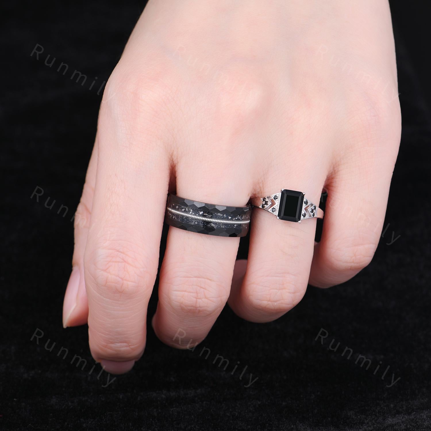 Emerald cut Black Onyx Couples Ring Set Antique His and Hers Wedding Band Mens Black Tungsten Ring Natural Black Gemstone Anniversary Rings