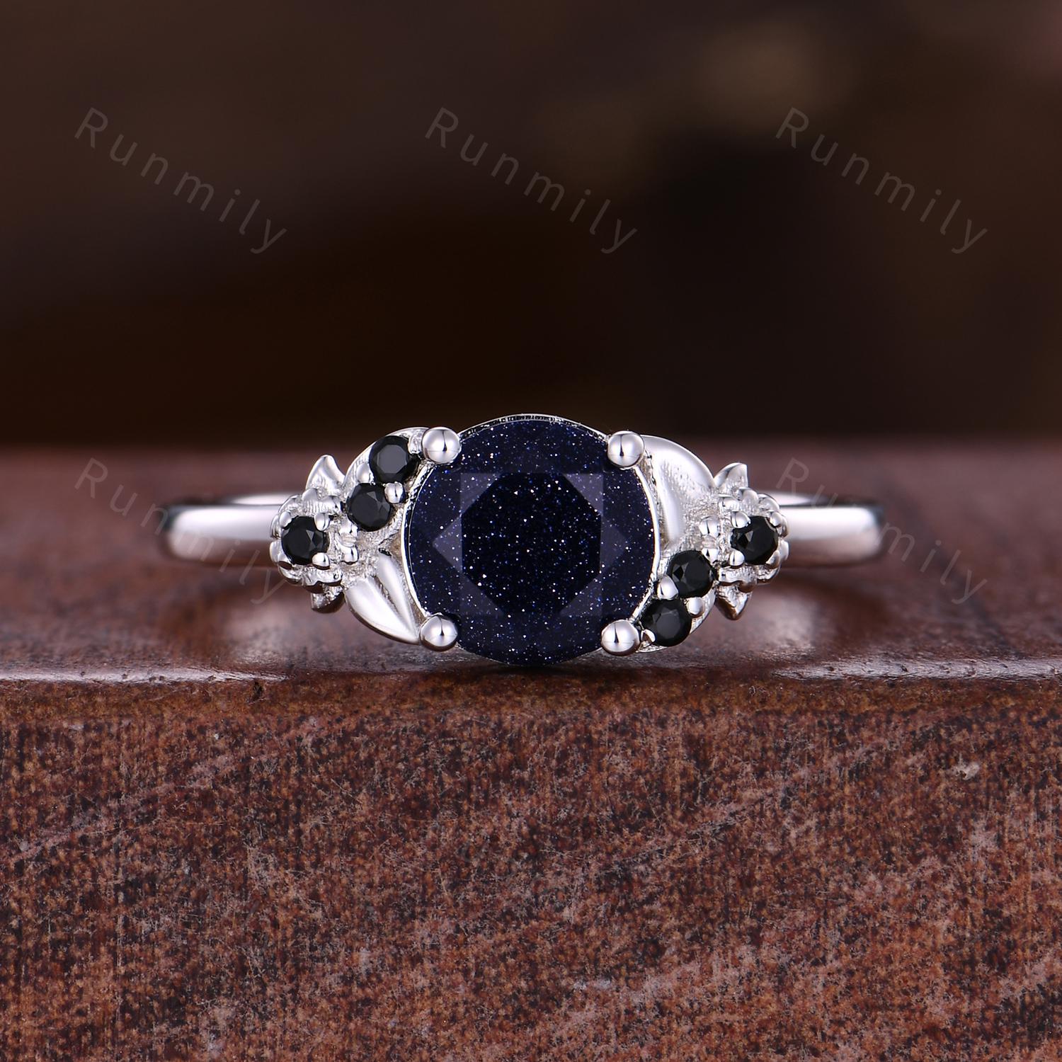 Galaxy Sandstone Couples Ring Set, Sterling Silver His and Hers Wedding Band, Mens Blue Sandstone Ring, Outer Space Ring, Leaf Floral Ring