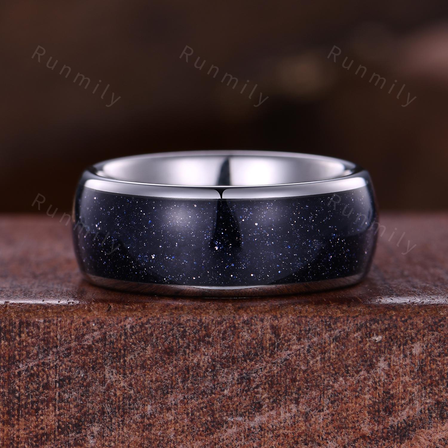 Galaxy Sandstone Couples Ring Set, Sterling Silver His and Hers Wedding Band, Mens Blue Sandstone Ring, Outer Space Ring, Leaf Floral Ring