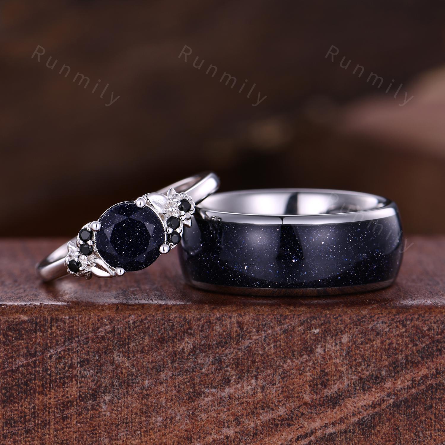Galaxy Sandstone Couples Ring Set, Sterling Silver His and Hers Wedding Band, Mens Blue Sandstone Ring, Outer Space Ring, Leaf Floral Ring