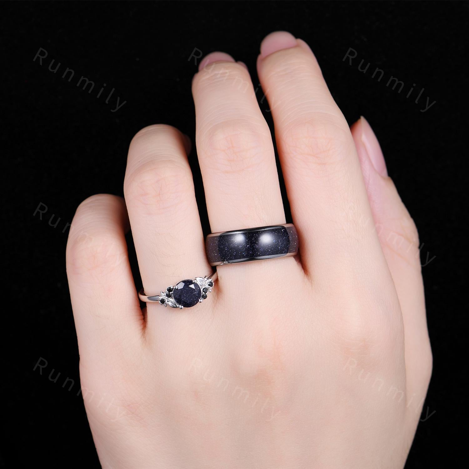 Galaxy Sandstone Couples Ring Set, Sterling Silver His and Hers Wedding Band, Mens Blue Sandstone Ring, Outer Space Ring, Leaf Floral Ring