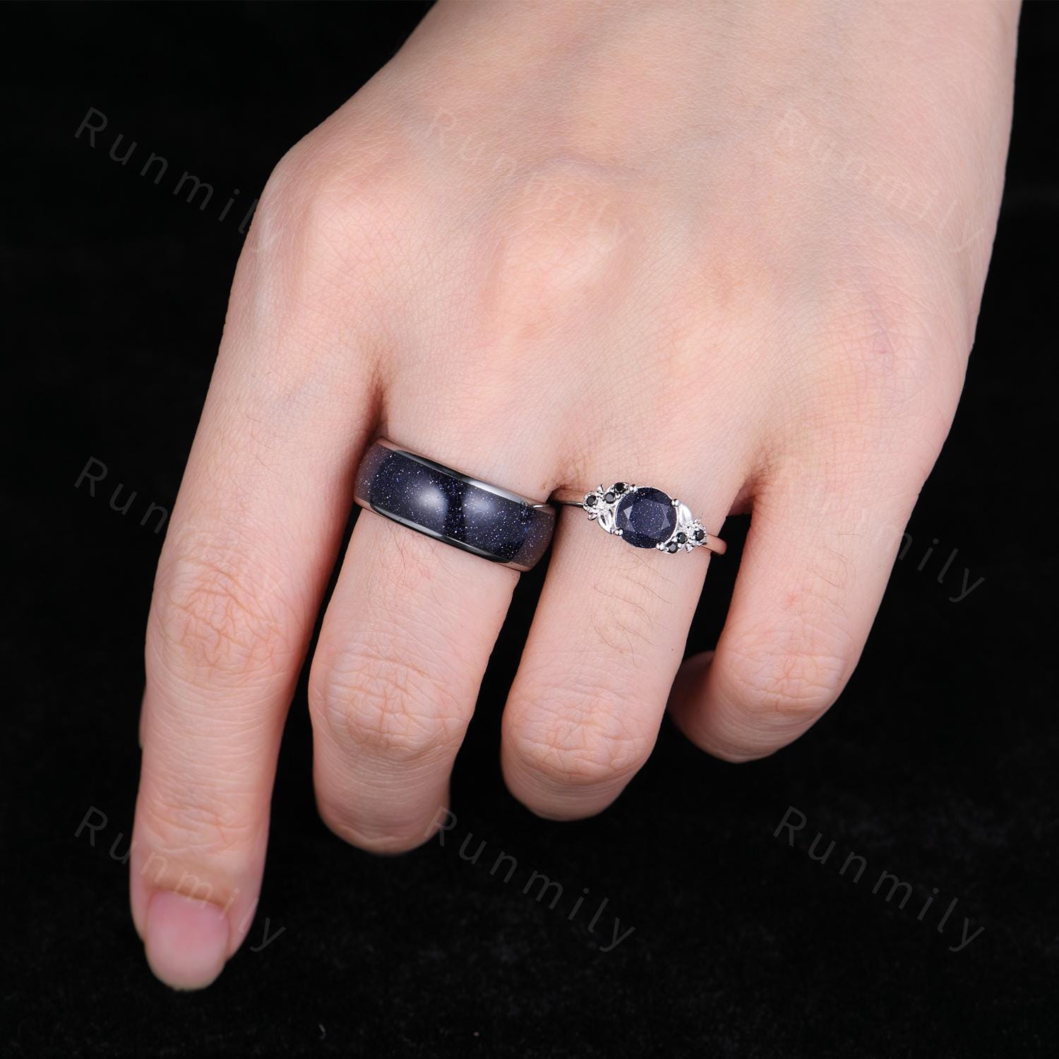 Galaxy Sandstone Couples Ring Set, Sterling Silver His and Hers Wedding Band, Mens Blue Sandstone Ring, Outer Space Ring, Leaf Floral Ring