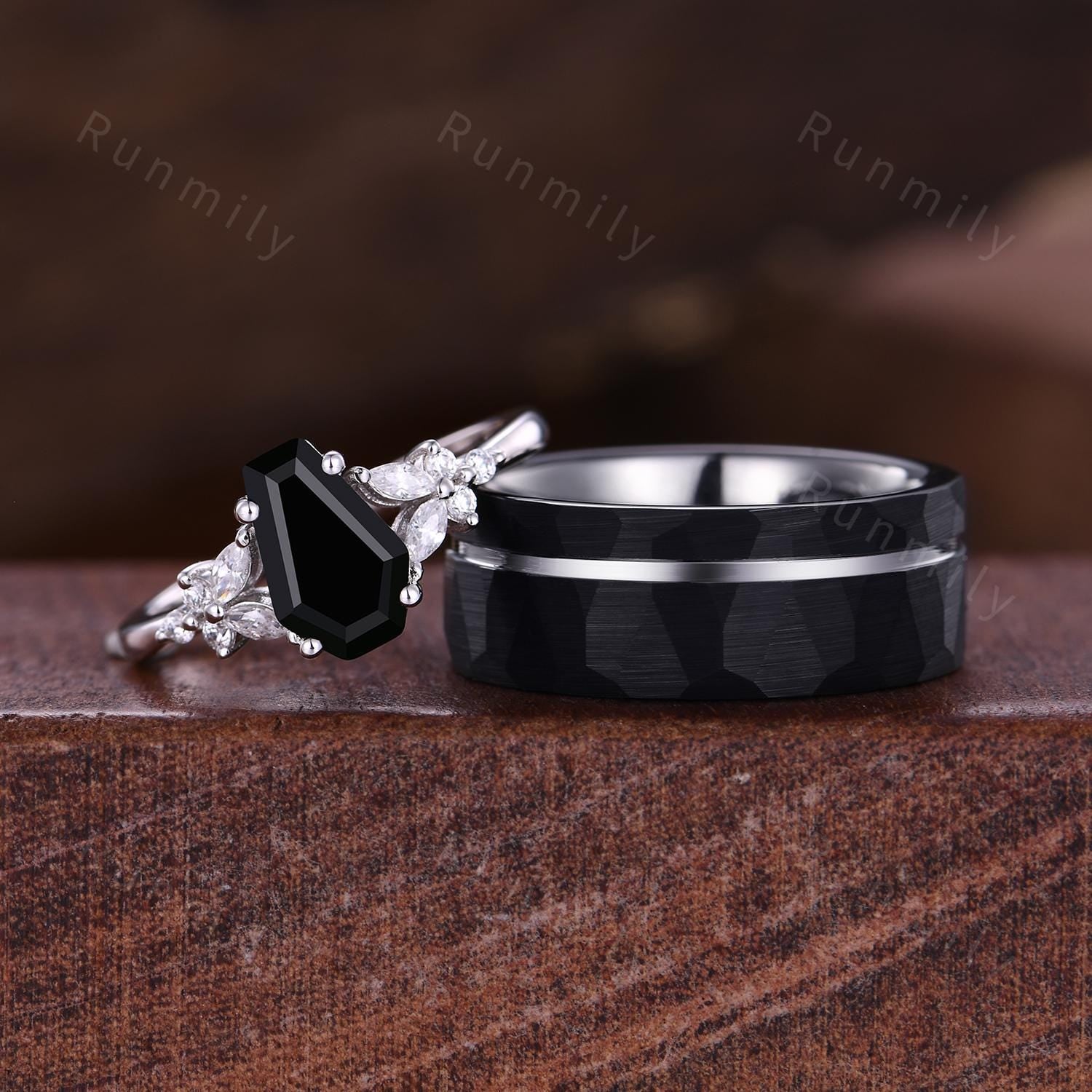 Coffin cut Black Onyx Couples Ring Vintage Matching Ring Set His and Hers Wedding Band Promise Ring For Men For Women Natural Black Gemstone
