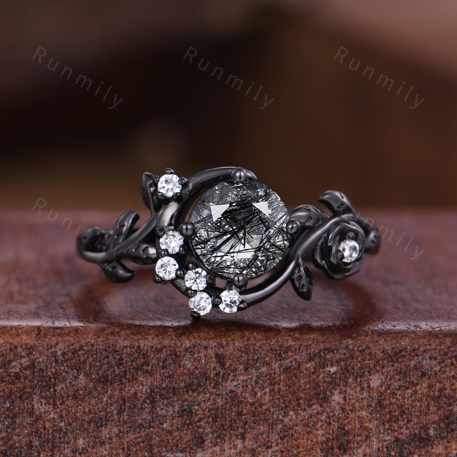 Crescent black rutilated quartz couples ring gothic black gold His and Hers wedding band Mens hammered band unique matching promise ring set