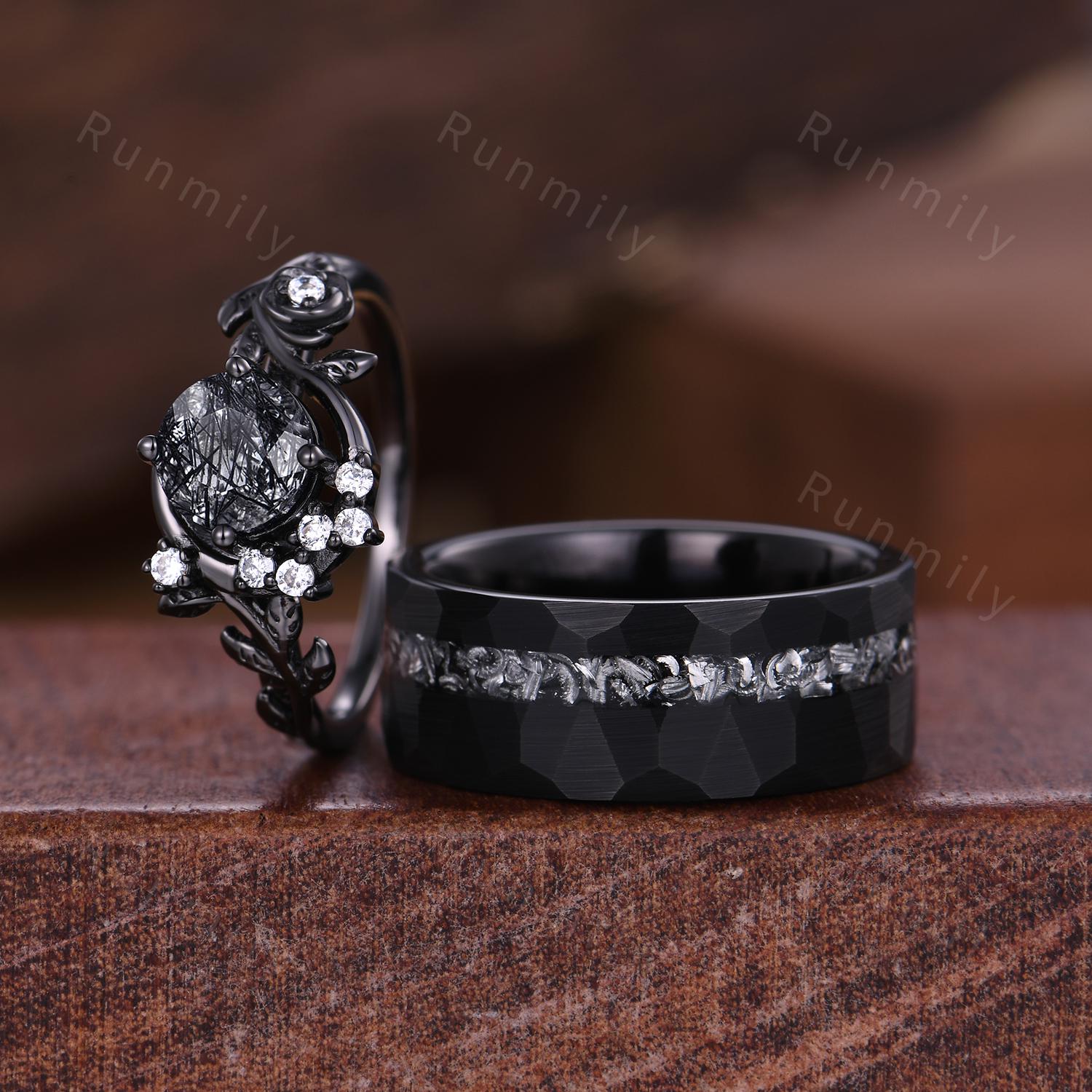 Crescent black rutilated quartz couples ring gothic black gold His and Hers wedding band Mens hammered band unique matching promise ring set
