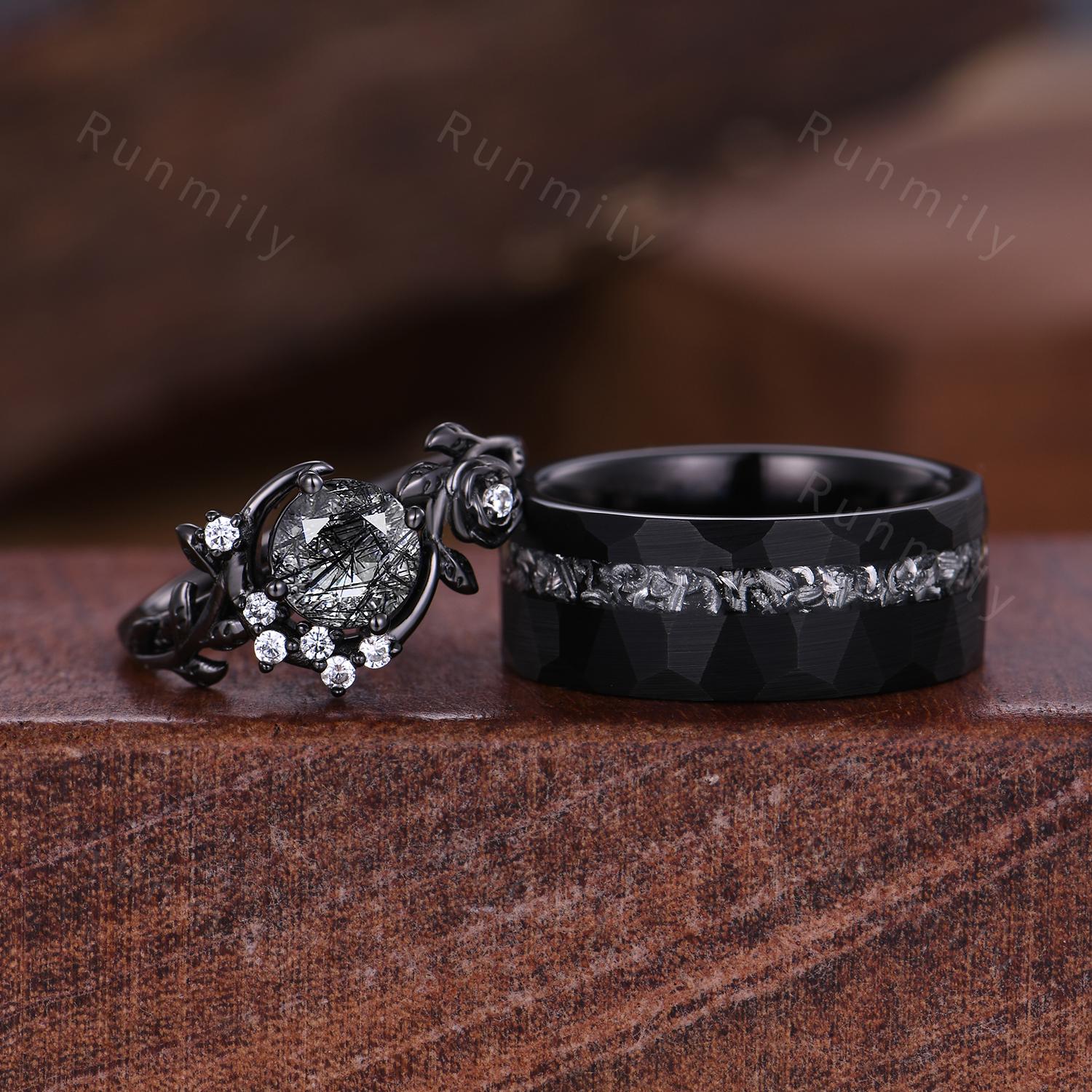 Crescent black rutilated quartz couples ring gothic black gold His and Hers wedding band Mens hammered band unique matching promise ring set