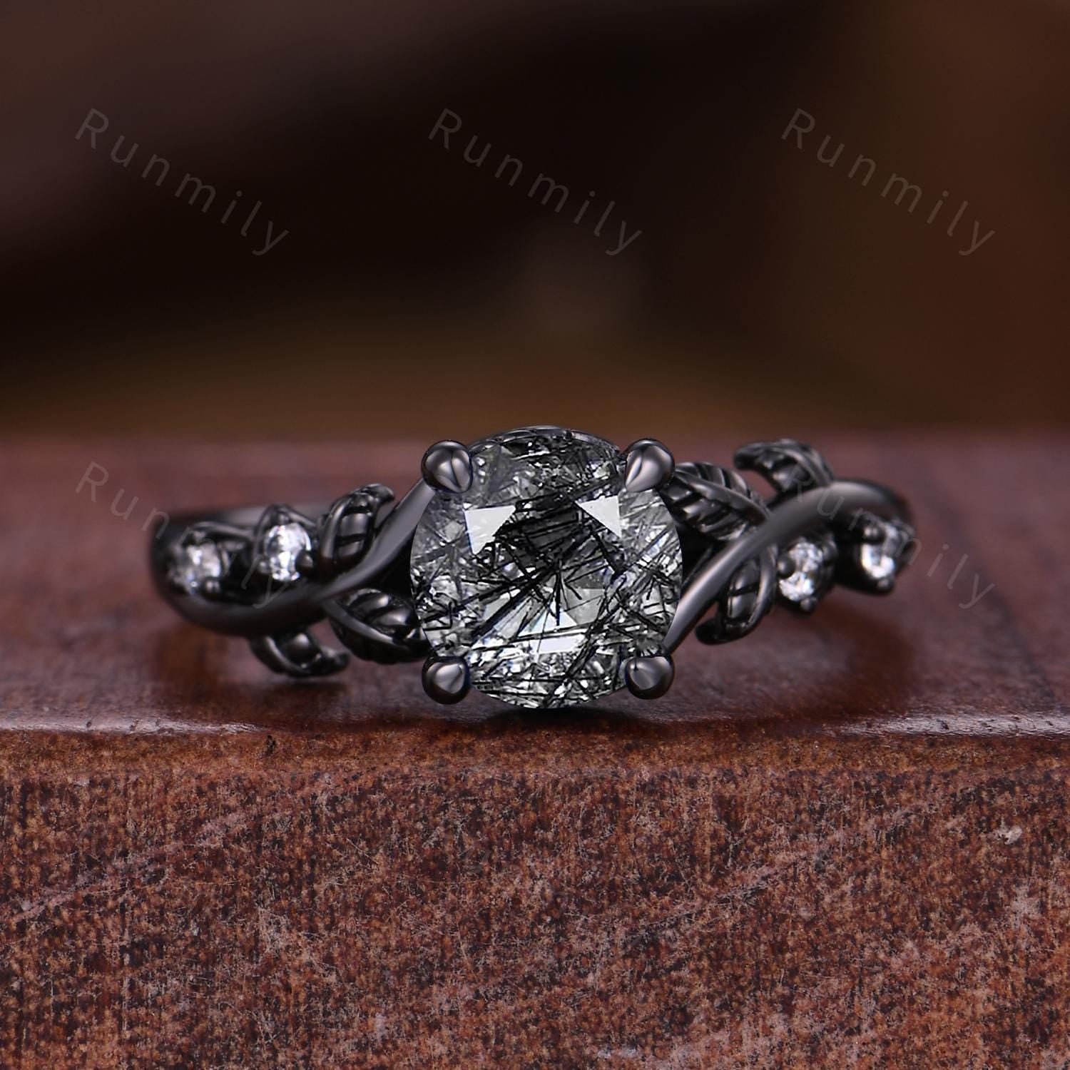 Gothic Black Rutilated Quartz Couple Ring Set Unique Black Rings His and Hers Matching Band Mens Tungsten Ring Branch Leaf Ring for Women