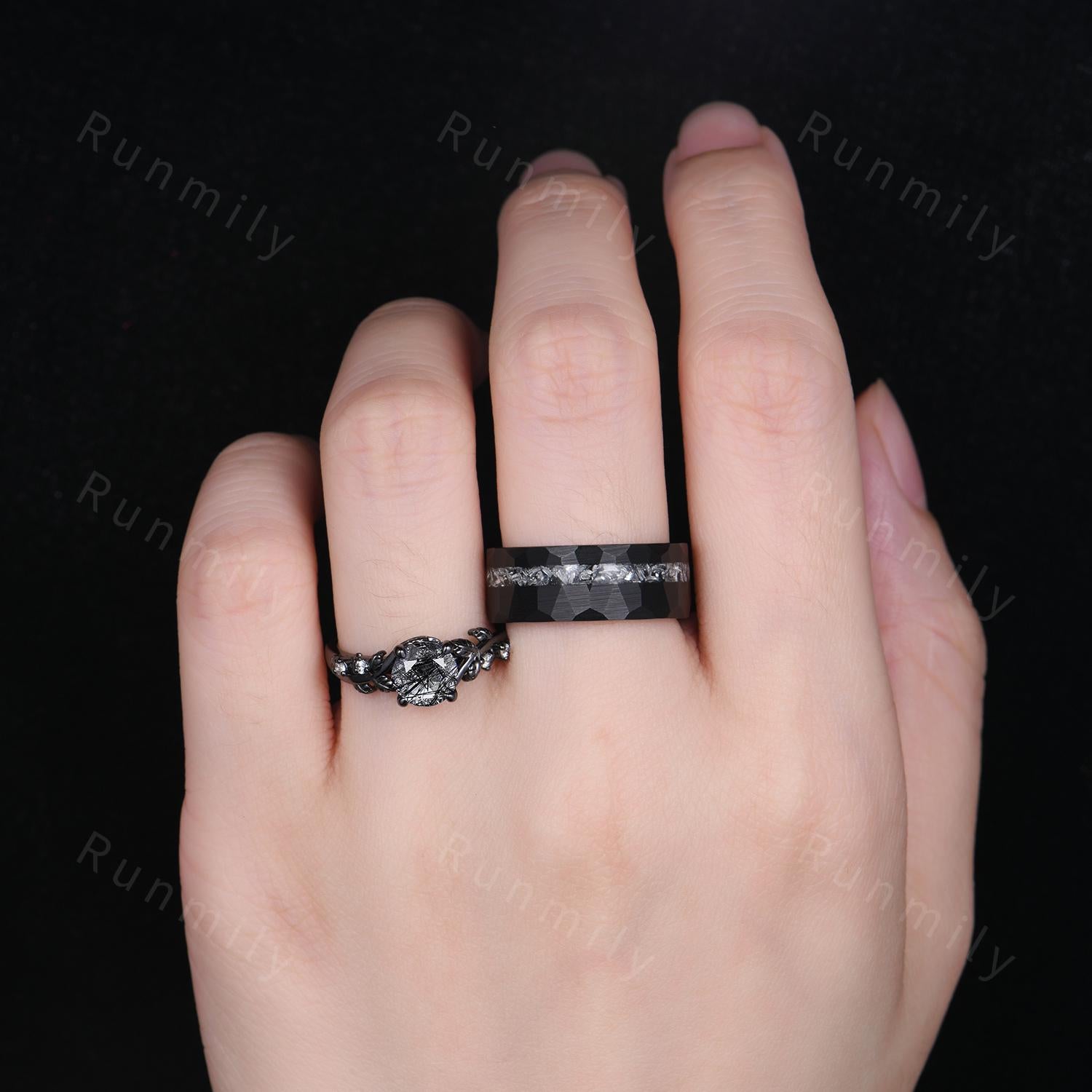 Gothic Black Rutilated Quartz Couple Ring Set Unique Black Rings His and Hers Matching Band Mens Tungsten Ring Branch Leaf Ring for Women