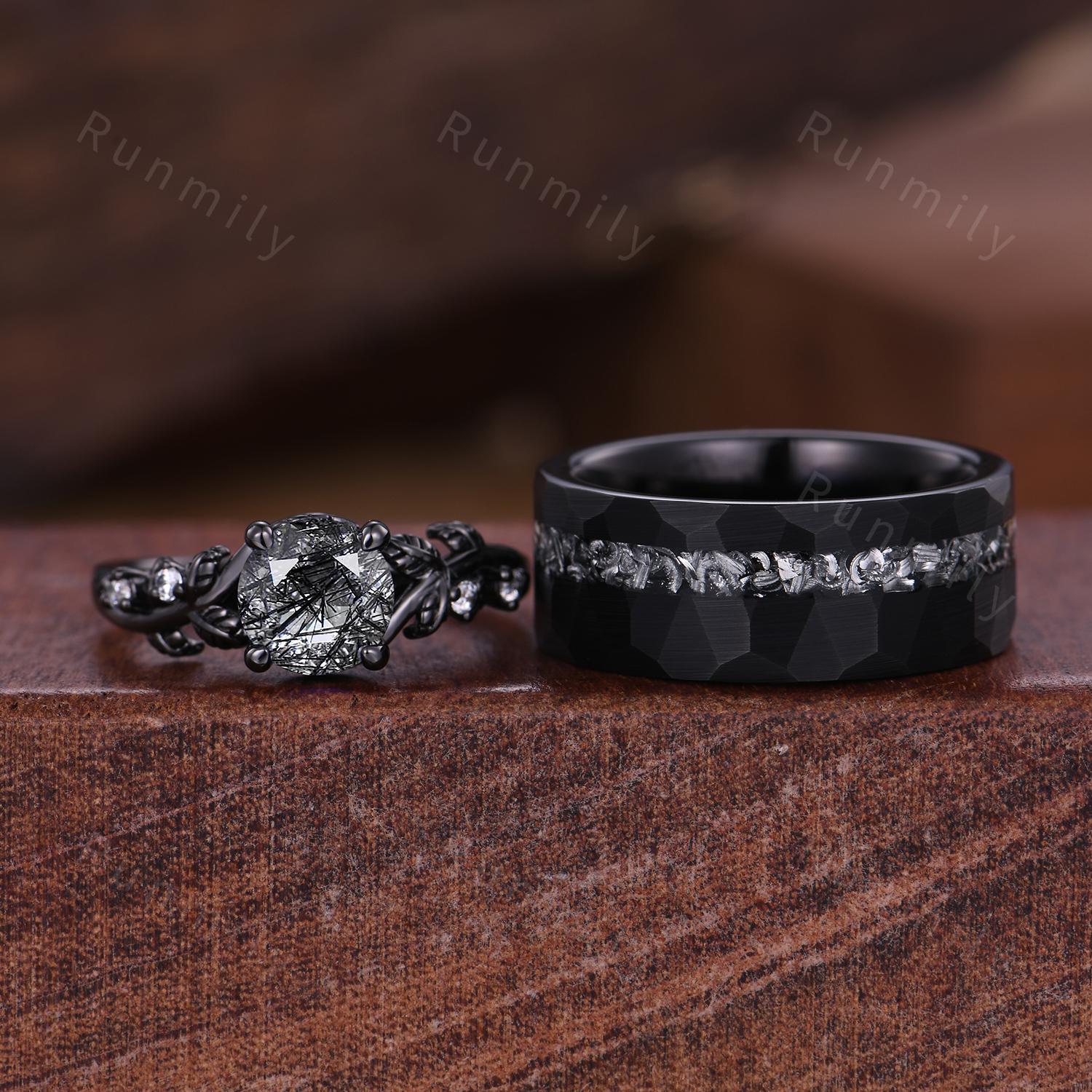 Gothic Black Rutilated Quartz Couple Ring Set Unique Black Rings His and Hers Matching Band Mens Tungsten Ring Branch Leaf Ring for Women