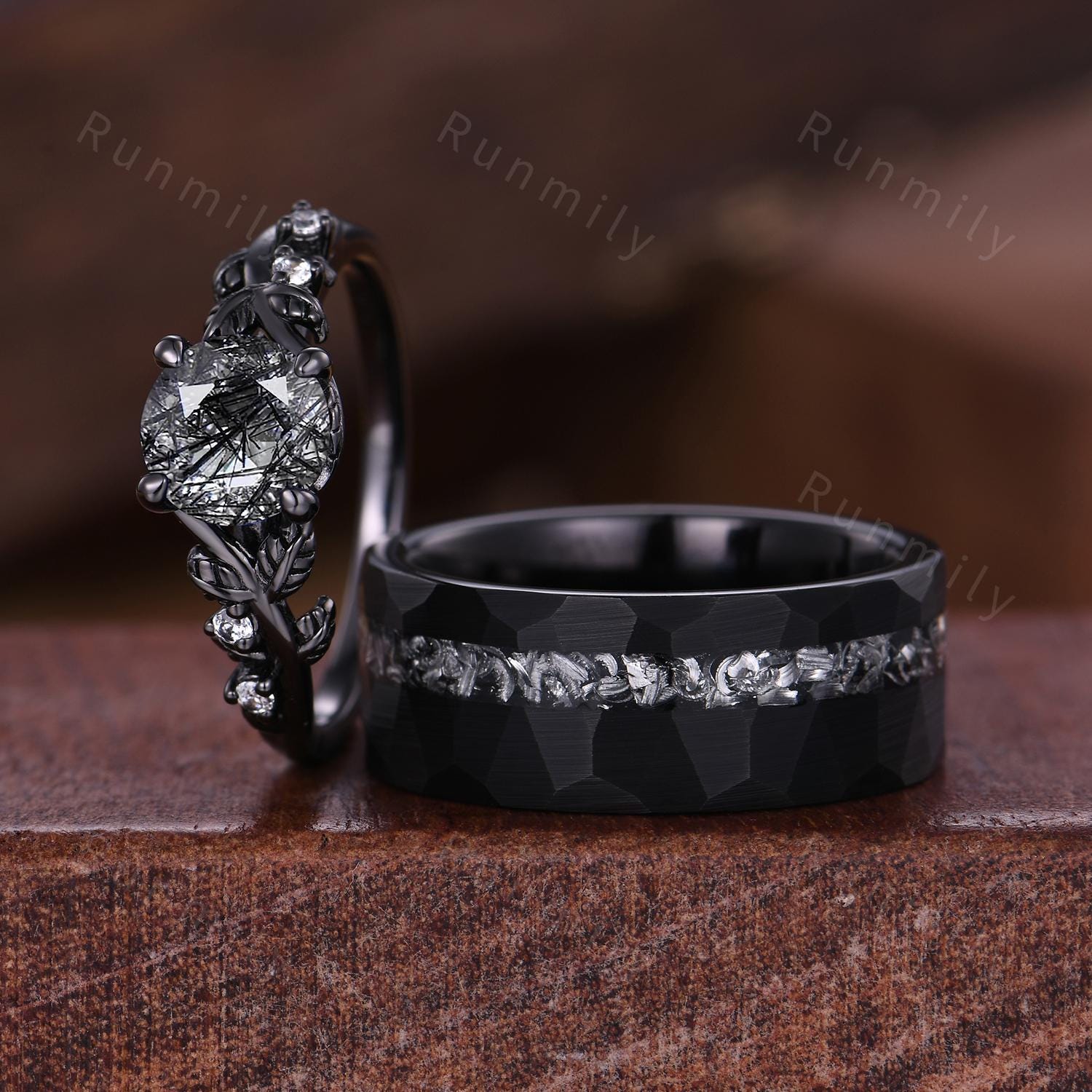 Gothic Black Rutilated Quartz Couple Ring Set Unique Black Rings His and Hers Matching Band Mens Tungsten Ring Branch Leaf Ring for Women