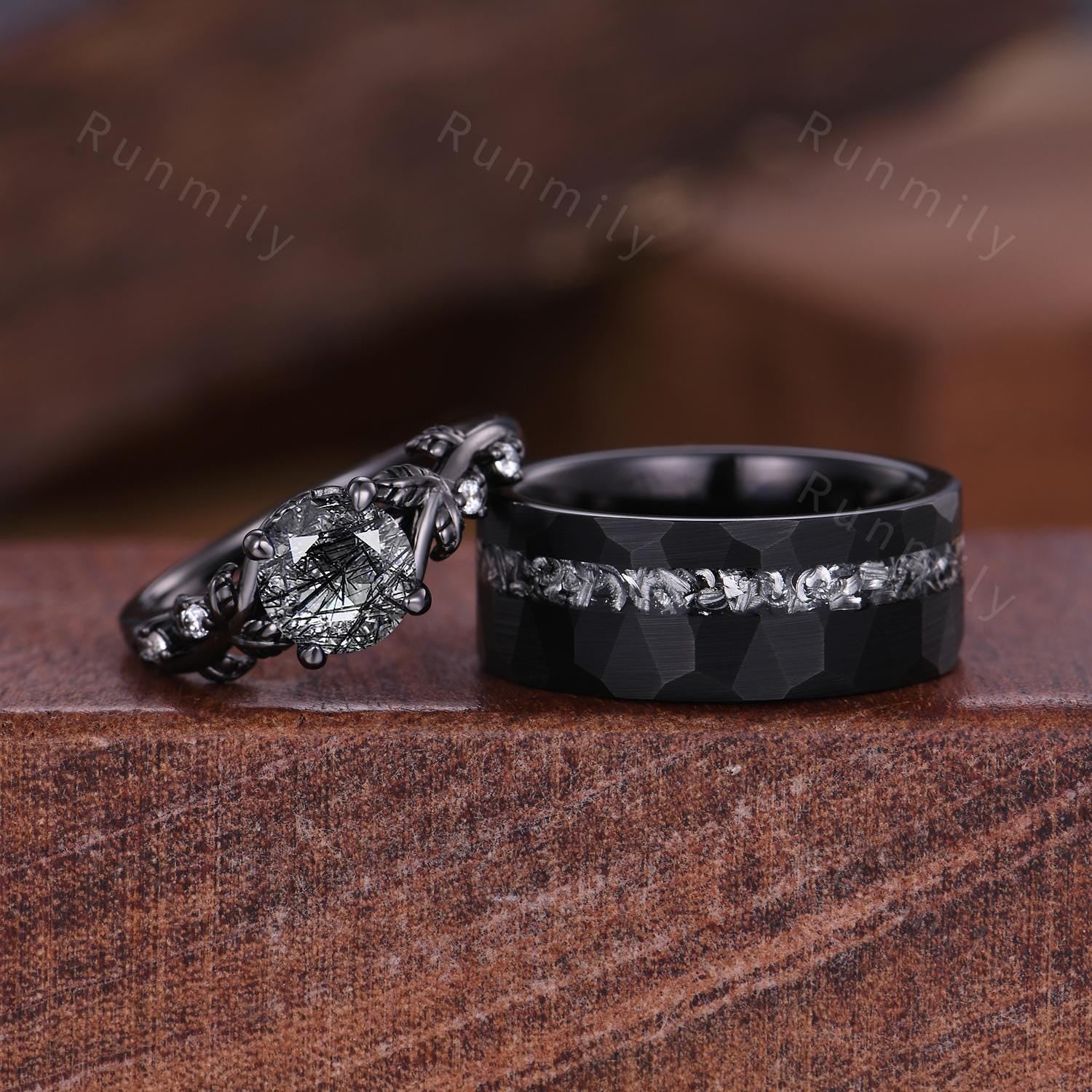 Gothic Black Rutilated Quartz Couple Ring Set Unique Black Rings His and Hers Matching Band Mens Tungsten Ring Branch Leaf Ring for Women