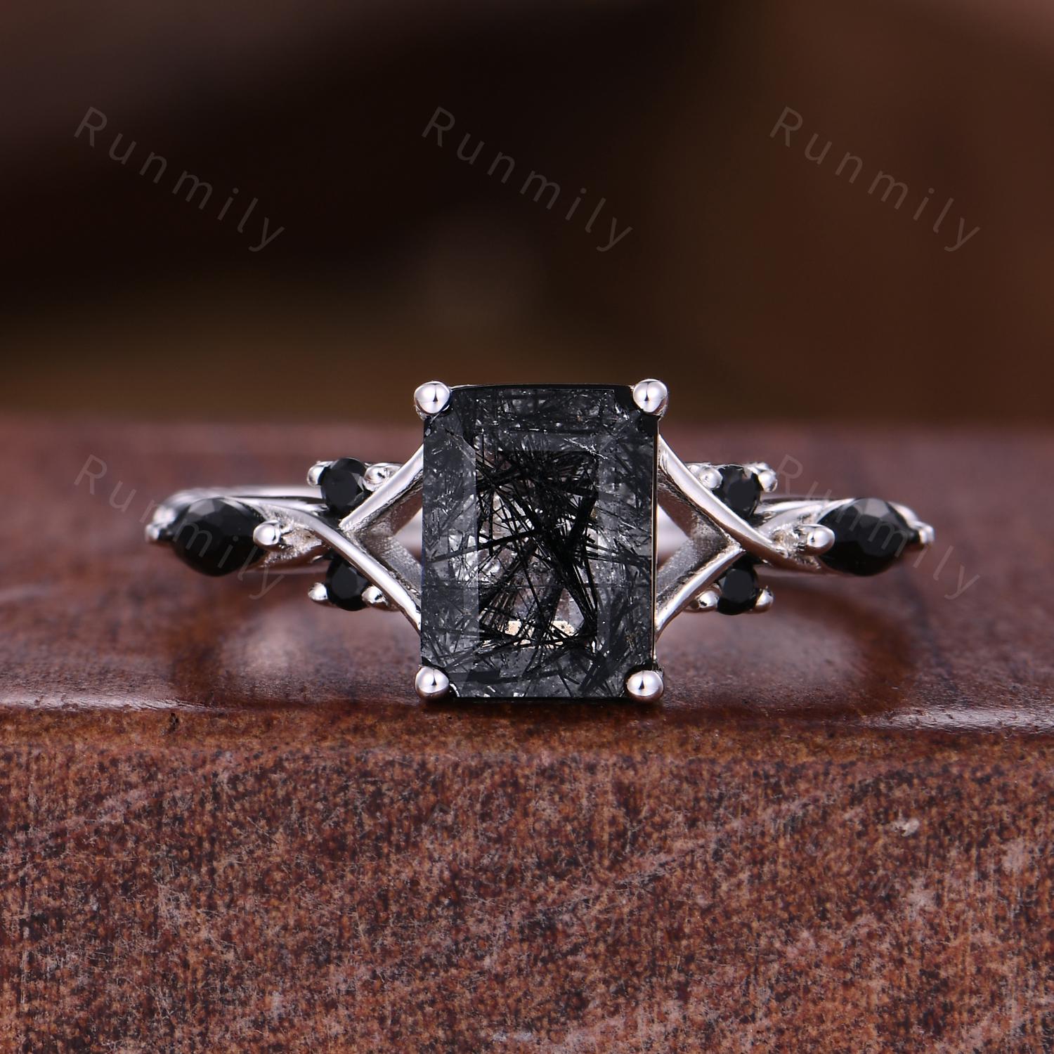 Black Rutilated Quartz & Meteorite Couples Ring Set- His and Hers Wedding Band- Silver and Tungsten Matching Unique Black Gems Promise Ring
