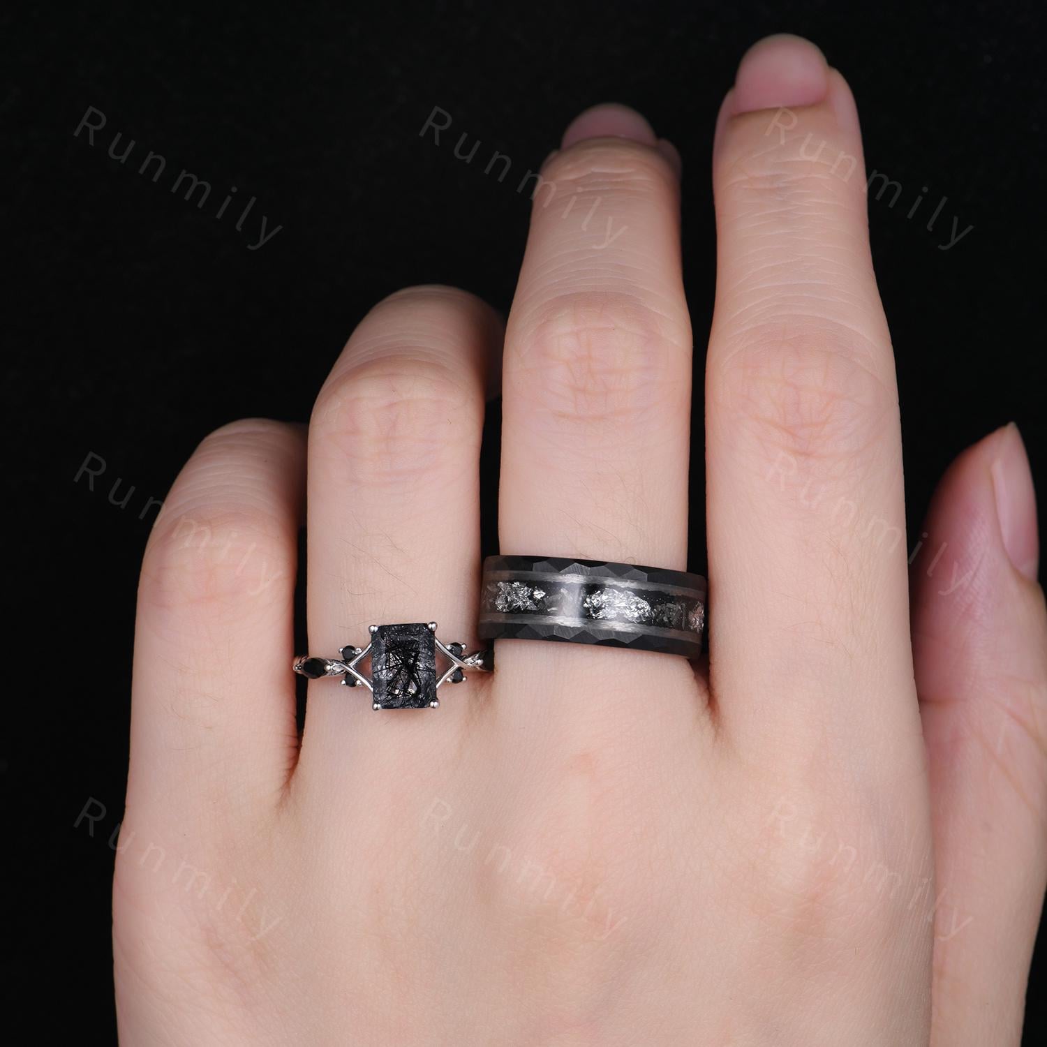Black Rutilated Quartz & Meteorite Couples Ring Set- His and Hers Wedding Band- Silver and Tungsten Matching Unique Black Gems Promise Ring