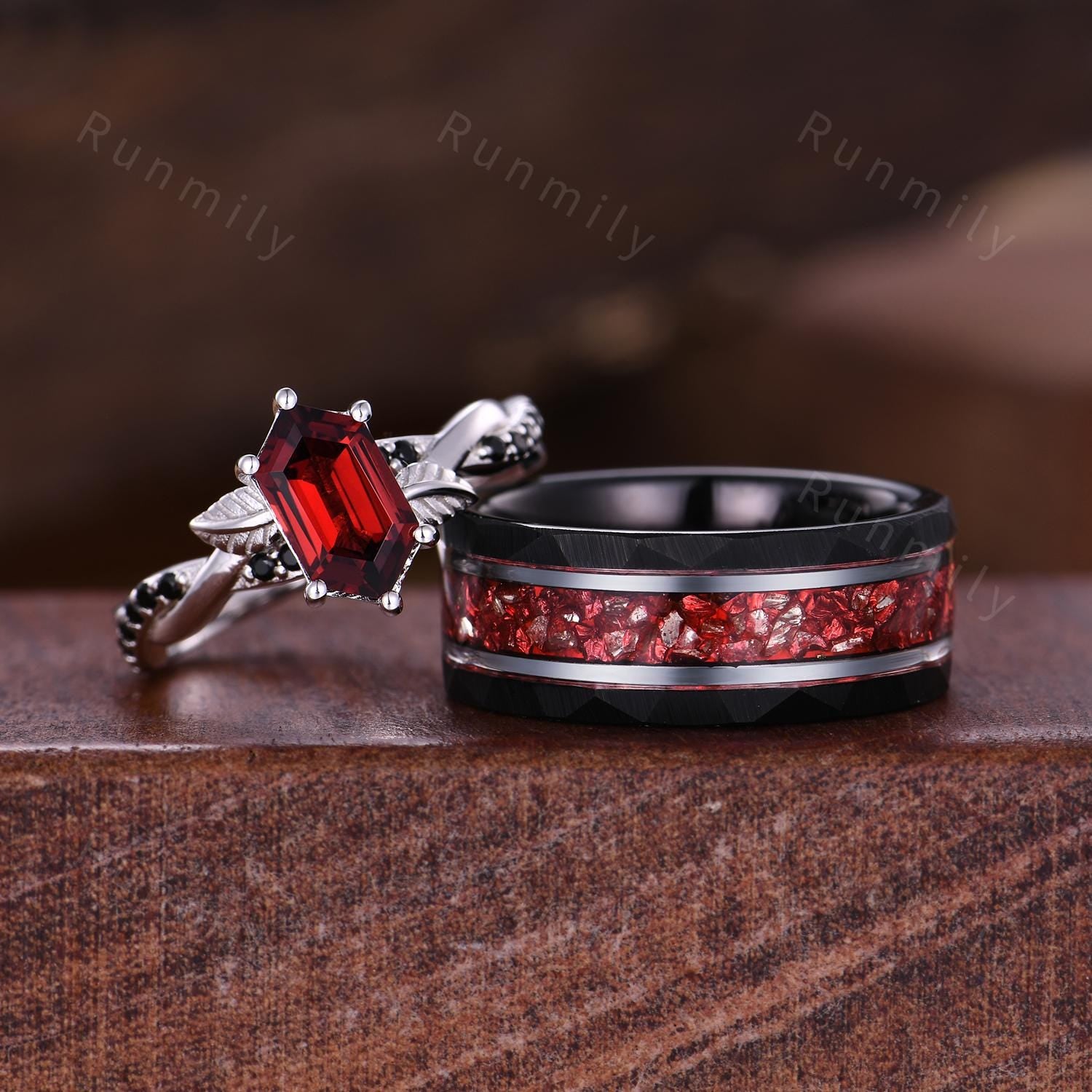 Branch Leaf Garnet couples ring set silver & tungsten matching promise ring vintage His and Hers wedding band Mens garnet ring January rings
