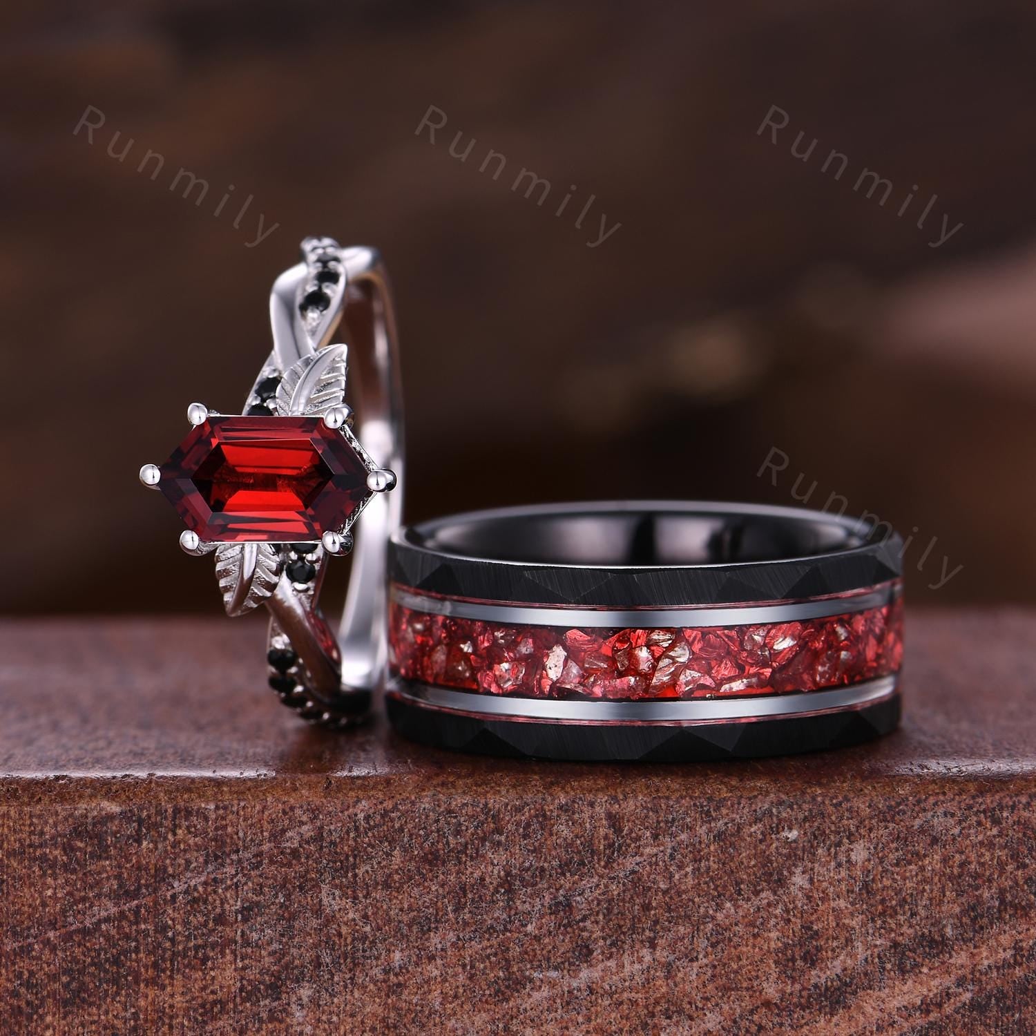 Branch Leaf Garnet couples ring set silver & tungsten matching promise ring vintage His and Hers wedding band Mens garnet ring January rings