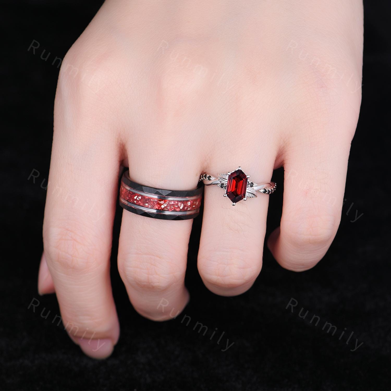 Branch Leaf Garnet couples ring set silver & tungsten matching promise ring vintage His and Hers wedding band Mens garnet ring January rings