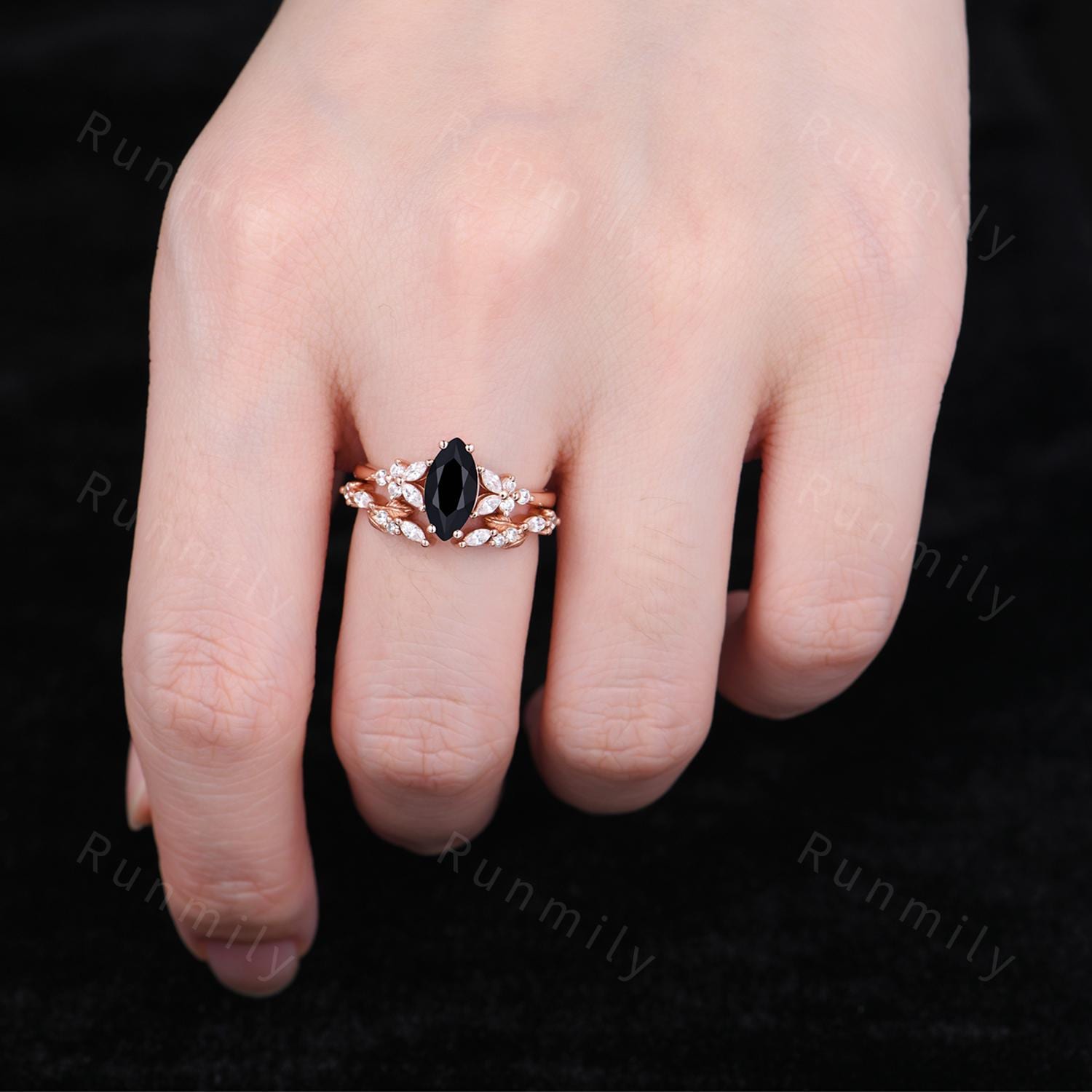 Marquise cut Black Onyx Engagement ring set Vintage open gap wedding band Rose gold Cluster shank leaf Bridal set Anniversary ring gift