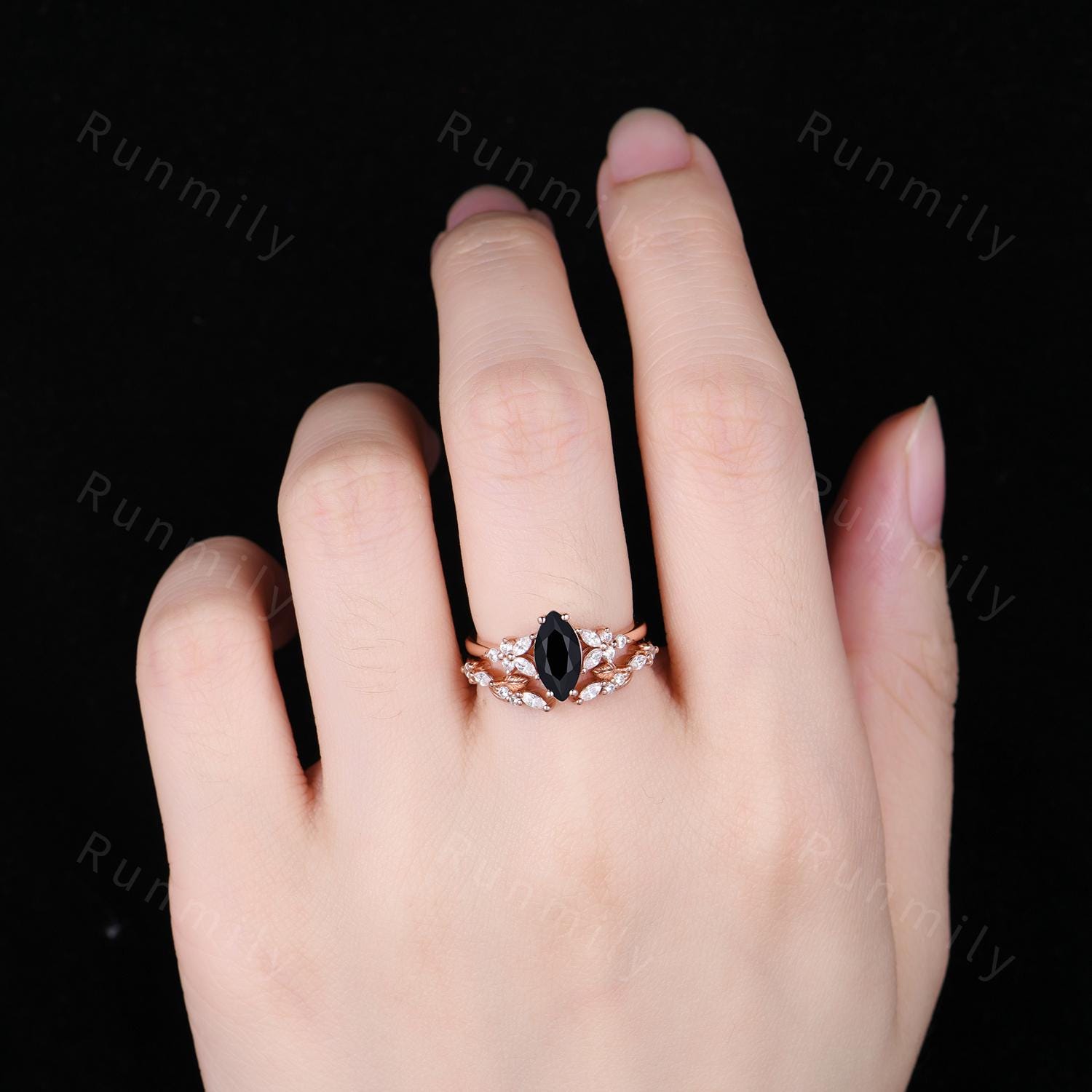 Marquise cut Black Onyx Engagement ring set Vintage open gap wedding band Rose gold Cluster shank leaf Bridal set Anniversary ring gift