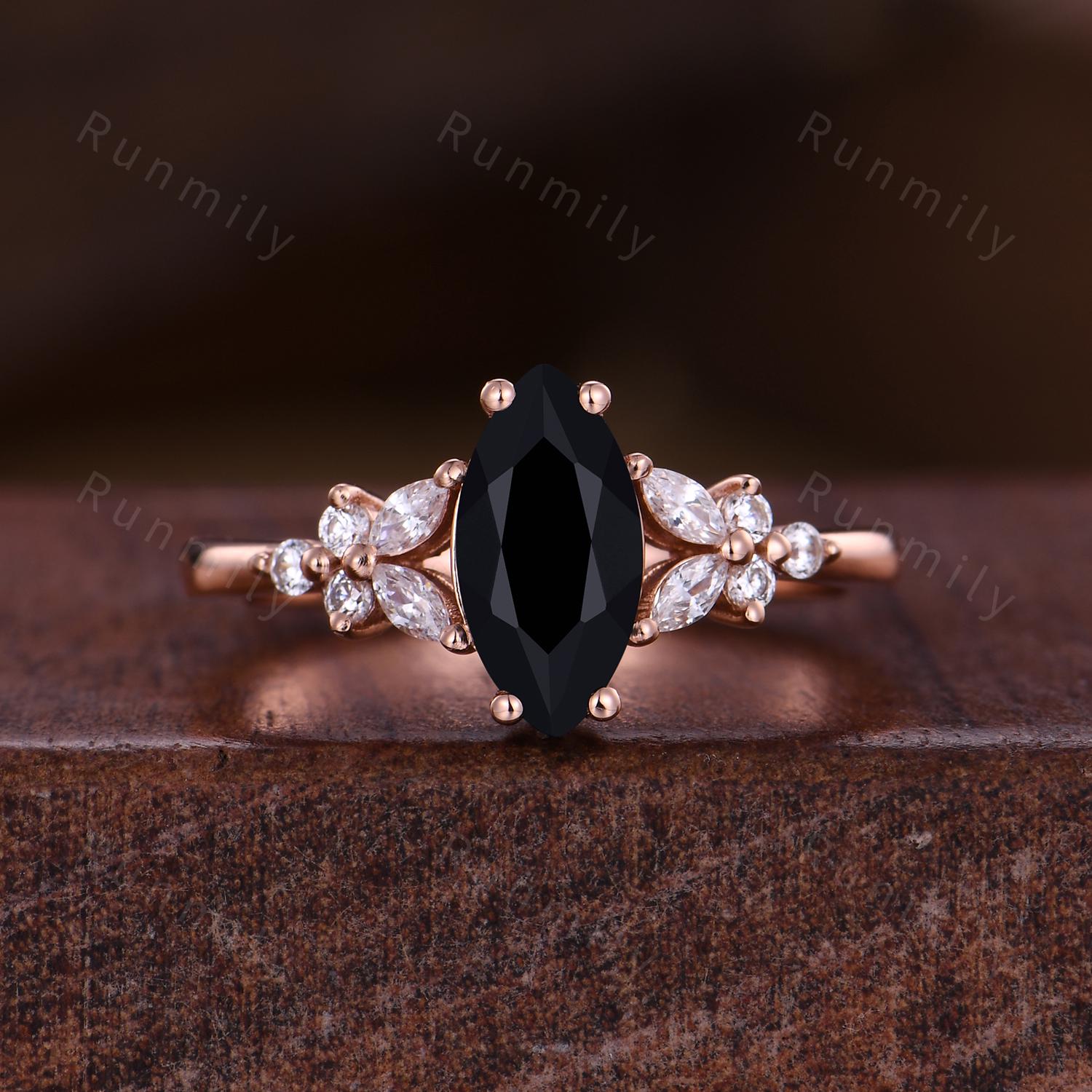 Marquise cut Black Onyx Engagement ring set Vintage open gap wedding band Rose gold Cluster shank leaf Bridal set Anniversary ring gift