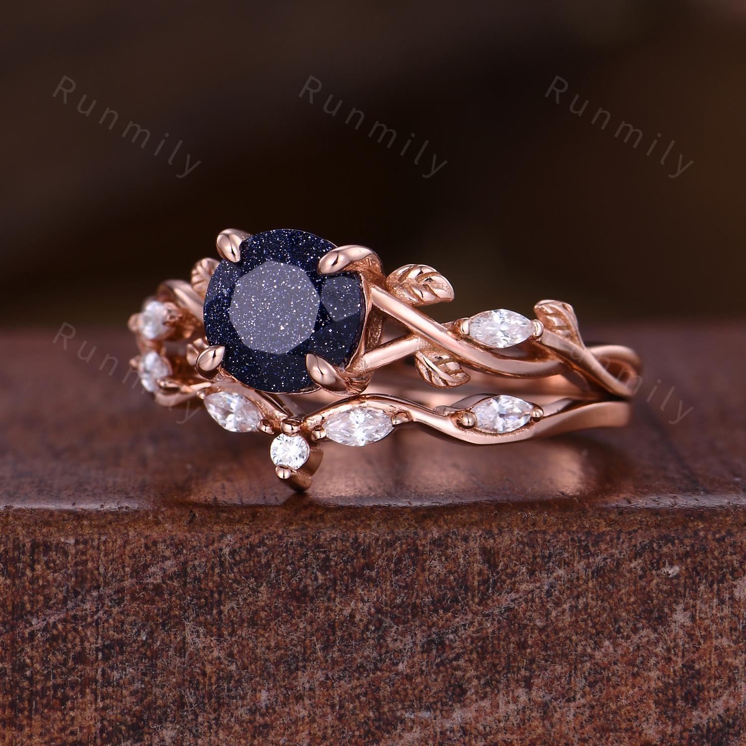 Round Cut Blue Sandstone Engagement Ring Set Twig Leaf Diamond Wedding Band Rose Gold Nature Inspired Bridal Set Galaxy Anniversary Ring