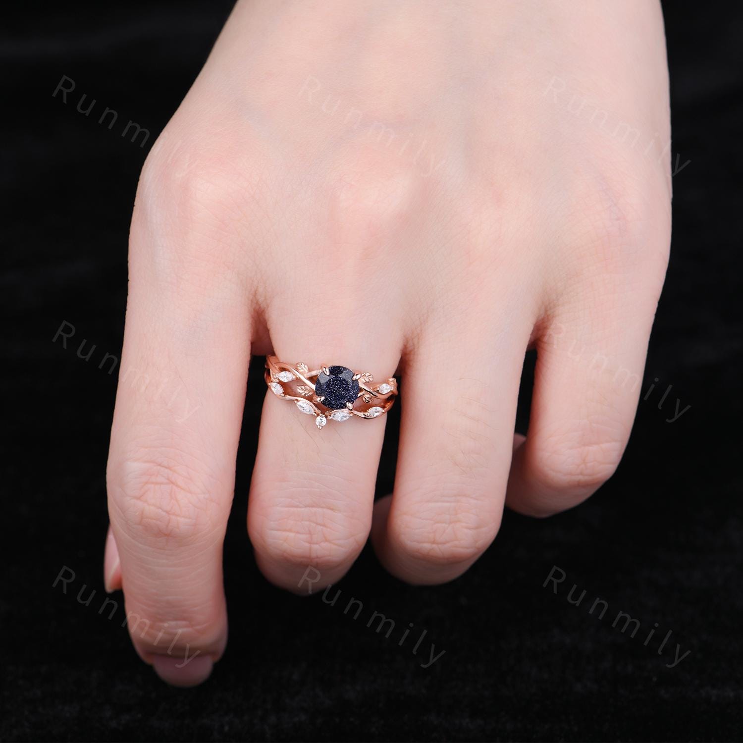 Round Cut Blue Sandstone Engagement Ring Set Twig Leaf Diamond Wedding Band Rose Gold Nature Inspired Bridal Set Galaxy Anniversary Ring