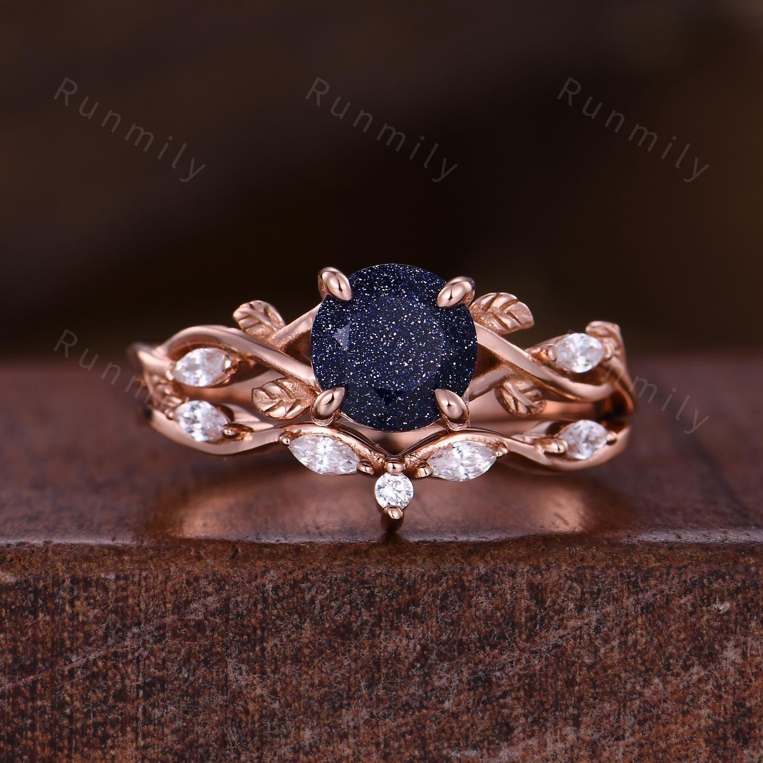 Round Cut Blue Sandstone Engagement Ring Set Twig Leaf Diamond Wedding Band Rose Gold Nature Inspired Bridal Set Galaxy Anniversary Ring