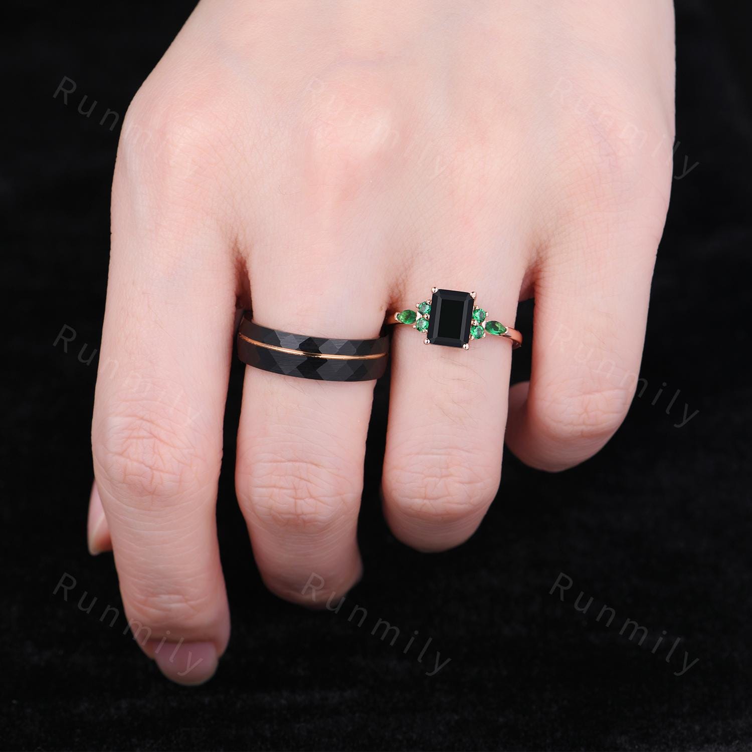 Emerald cut Black Onyx Couples Ring Rose Gold Matching Ring Set Vintage His and Hers Wedding Band Promise Rings For Men For Women