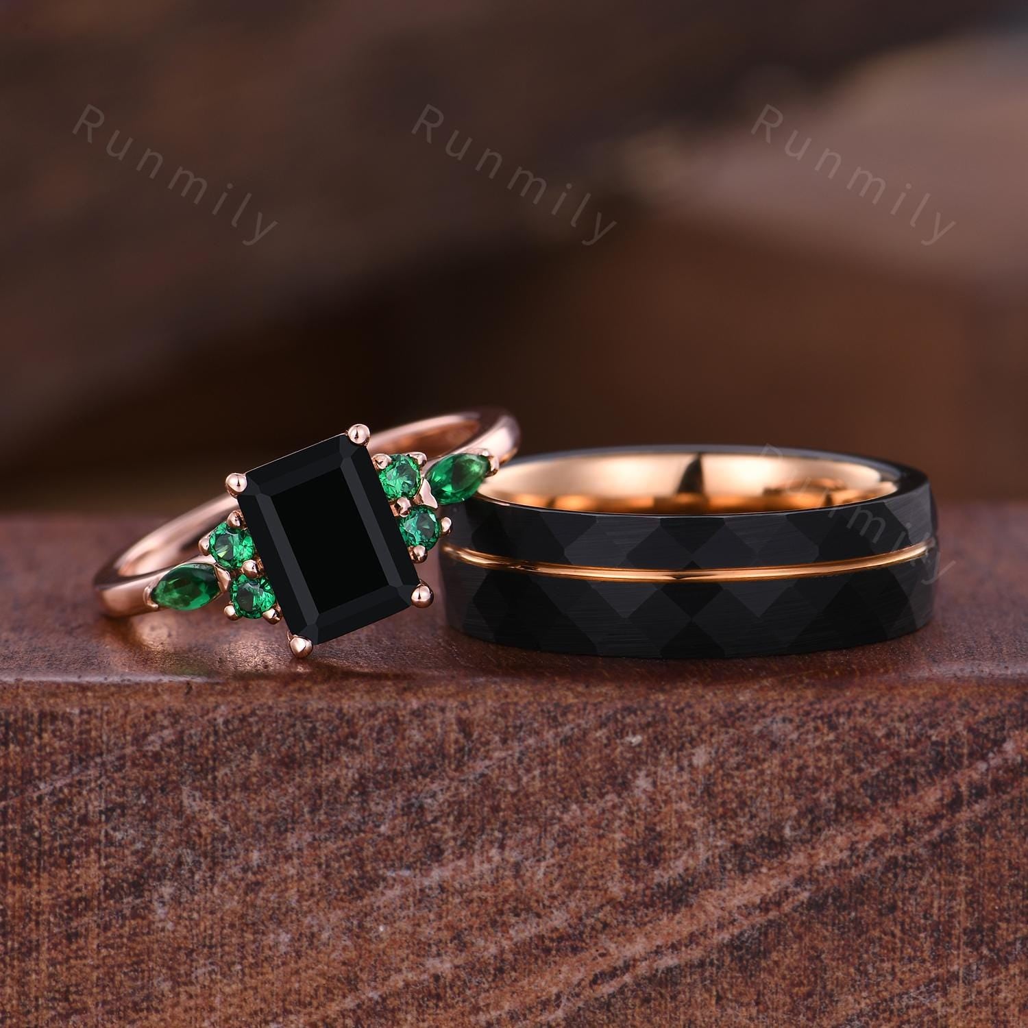 Emerald cut Black Onyx Couples Ring Rose Gold Matching Ring Set Vintage His and Hers Wedding Band Promise Rings For Men For Women