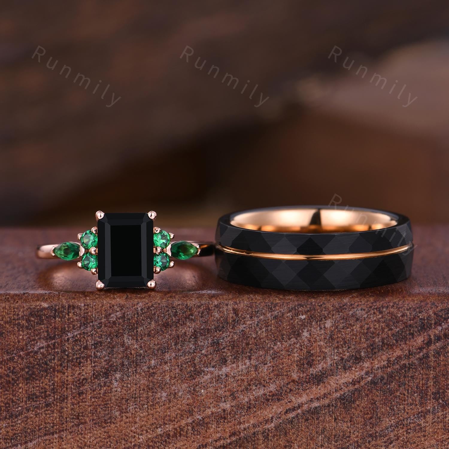 Emerald cut Black Onyx Couples Ring Rose Gold Matching Ring Set Vintage His and Hers Wedding Band Promise Rings For Men For Women