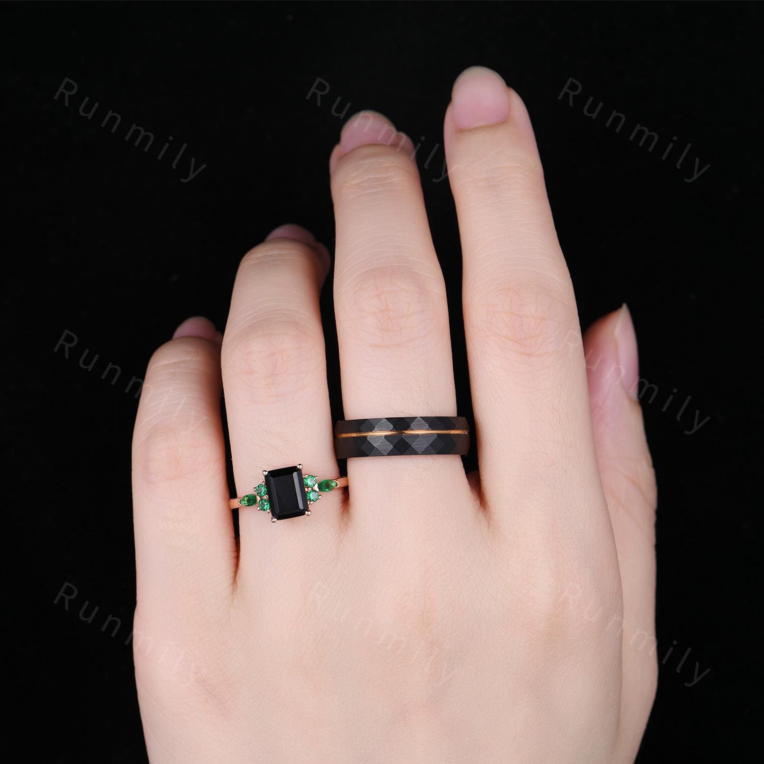 Emerald cut Black Onyx Couples Ring Rose Gold Matching Ring Set Vintage His and Hers Wedding Band Promise Rings For Men For Women