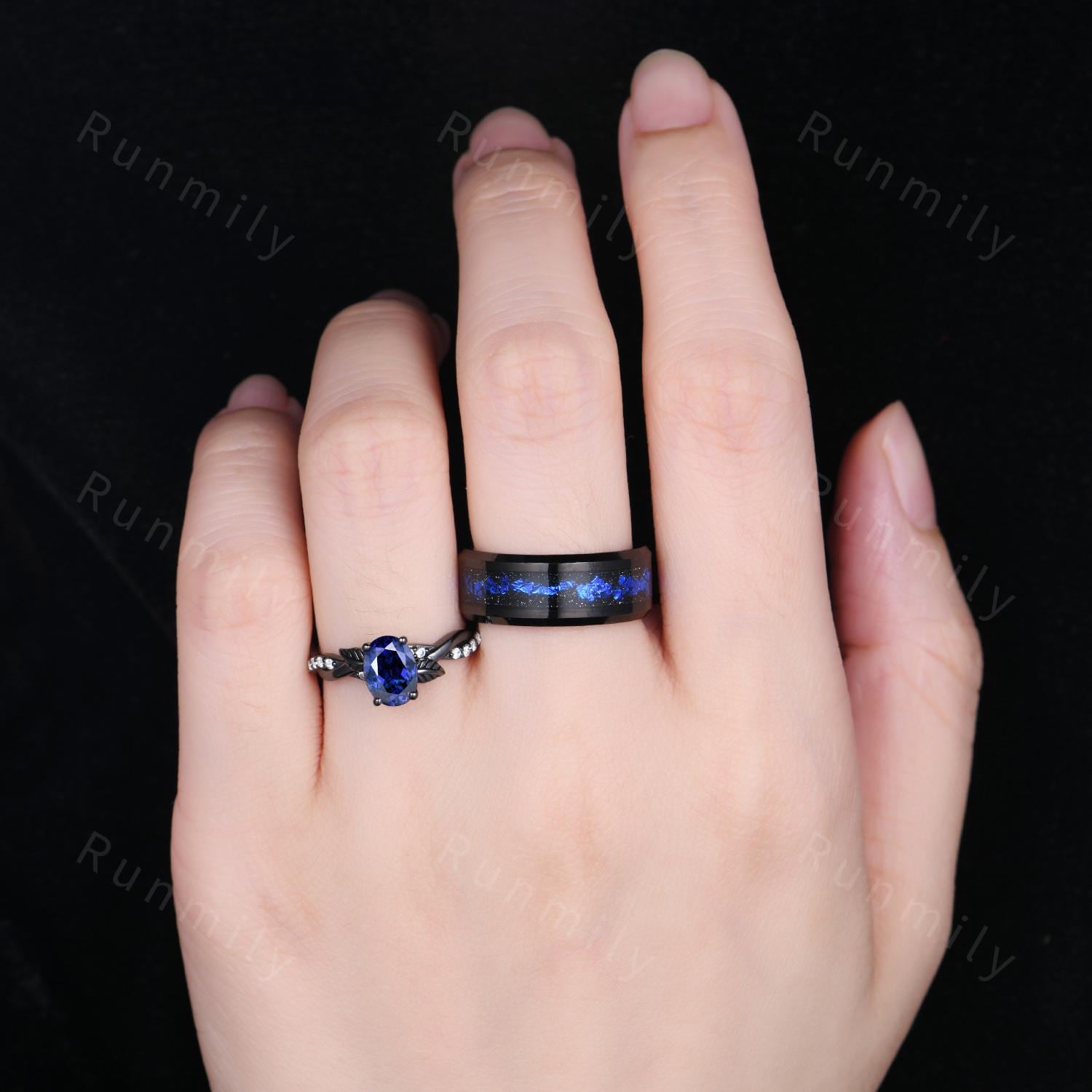Oval Cut Blue Sapphire Couples Ring Gothic Black Gold Matching Ring Set His And Hers Wedding Band Orion Nebula Promise Ring Branch Ring