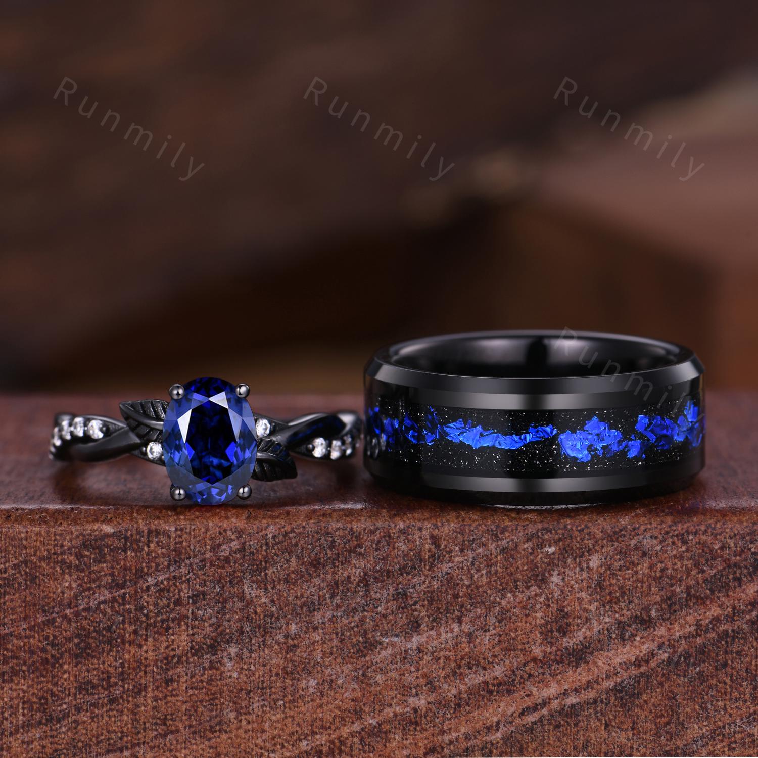 Oval Cut Blue Sapphire Couples Ring Gothic Black Gold Matching Ring Set His And Hers Wedding Band Orion Nebula Promise Ring Branch Ring
