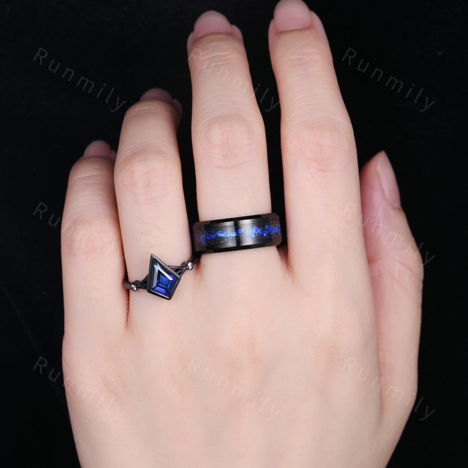 Orion Nebula Ring Set, His And Hers Wedding Band, Kite Cut Blue Sapphire Ring, Gothic Black Gold Ring, Outer Space Couples Ring