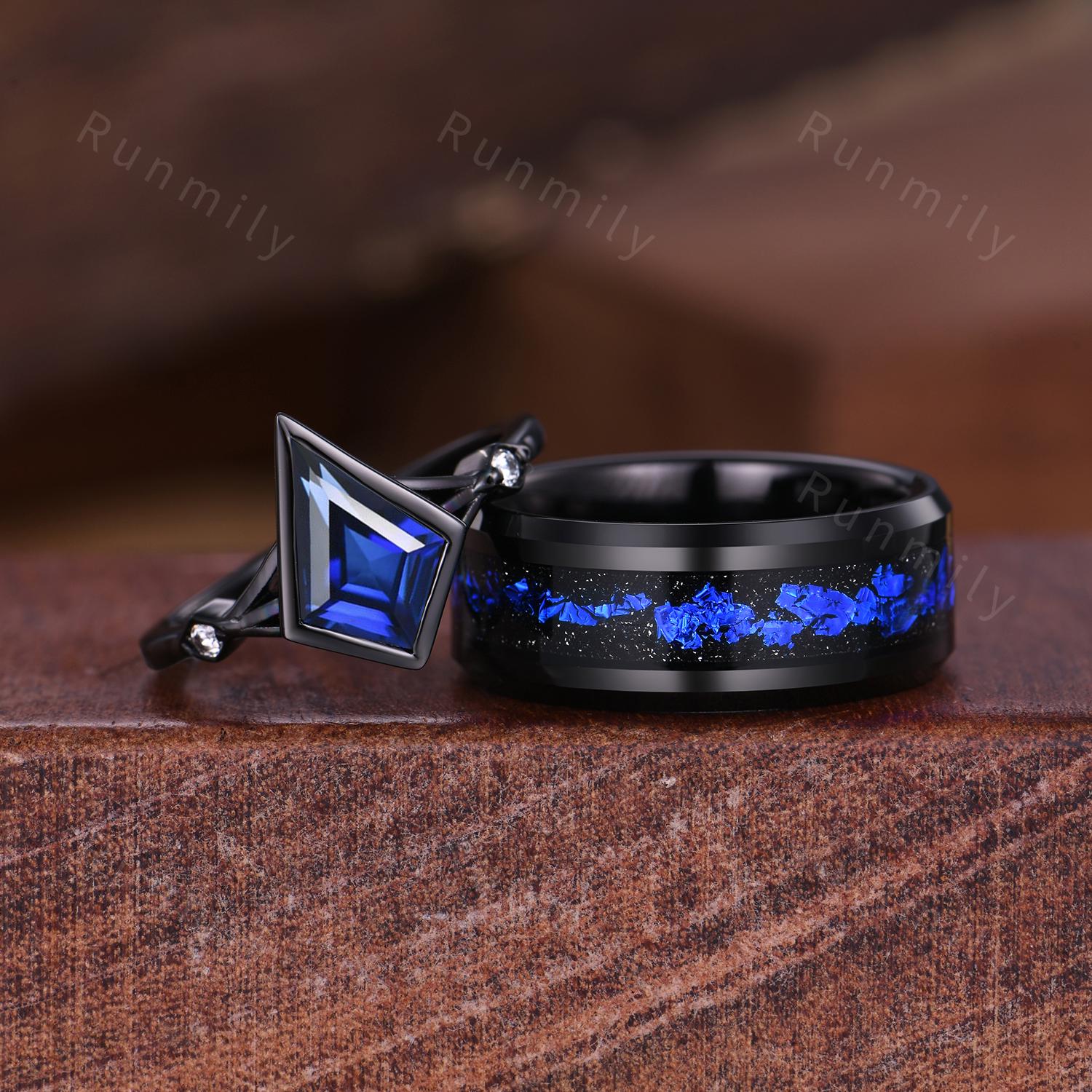 Orion Nebula Ring Set, His And Hers Wedding Band, Kite Cut Blue Sapphire Ring, Gothic Black Gold Ring, Outer Space Couples Ring
