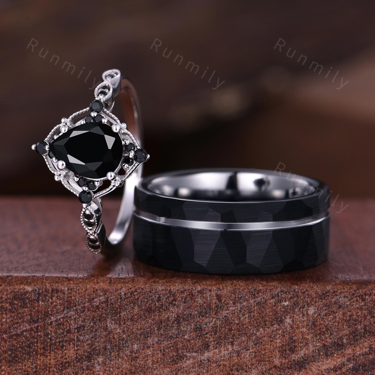 Vintage Black Onyx Couples Ring Vintage Matching Ring Set His And Hers Wedding Band Promise Ring For Men For Women Pear Natural Black Gem