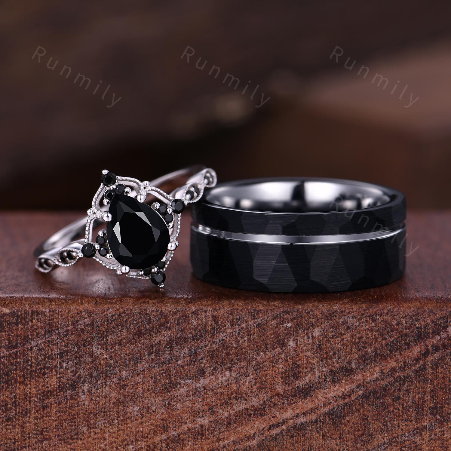 Vintage Black Onyx Couples Ring Vintage Matching Ring Set His And Hers Wedding Band Promise Ring For Men For Women Pear Natural Black Gem