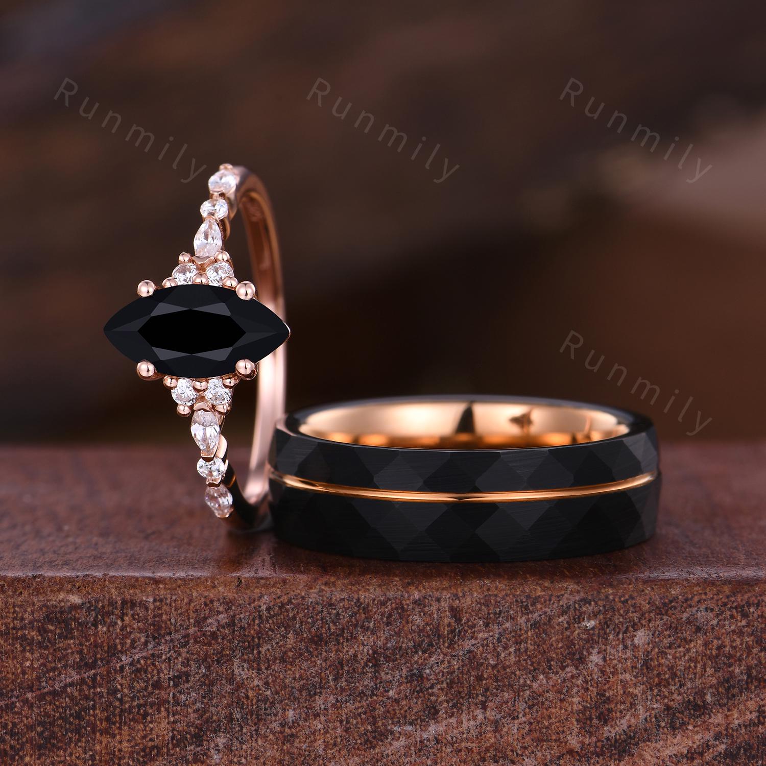 Marquise cut Black Onyx Couples Ring Rose Gold Matching Ring Set His and Hers Wedding Band Promise Ring For Men For Women Natural Black Gem